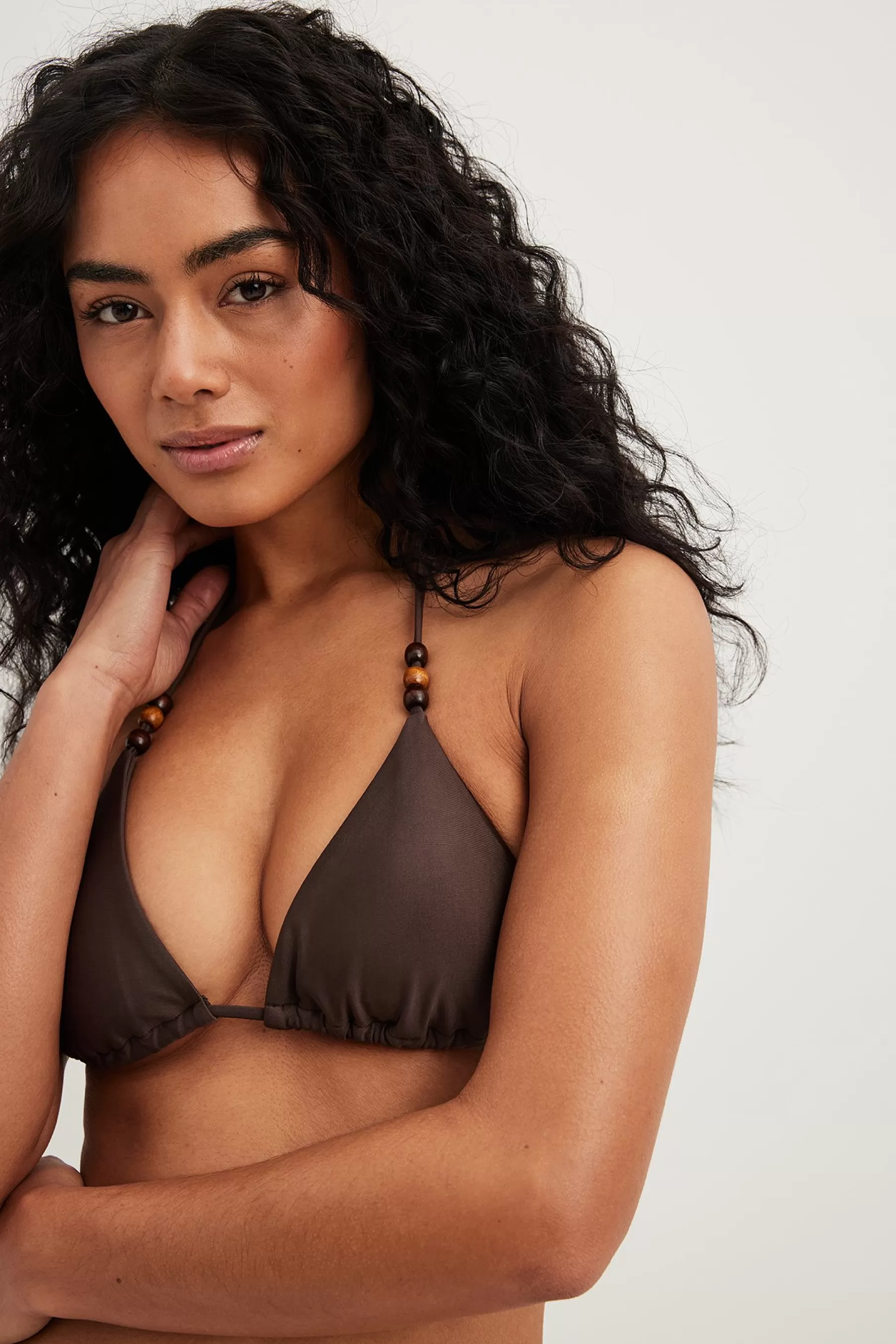 NA-KD Strappy Halterneck Long Strap Bikini Top Brown