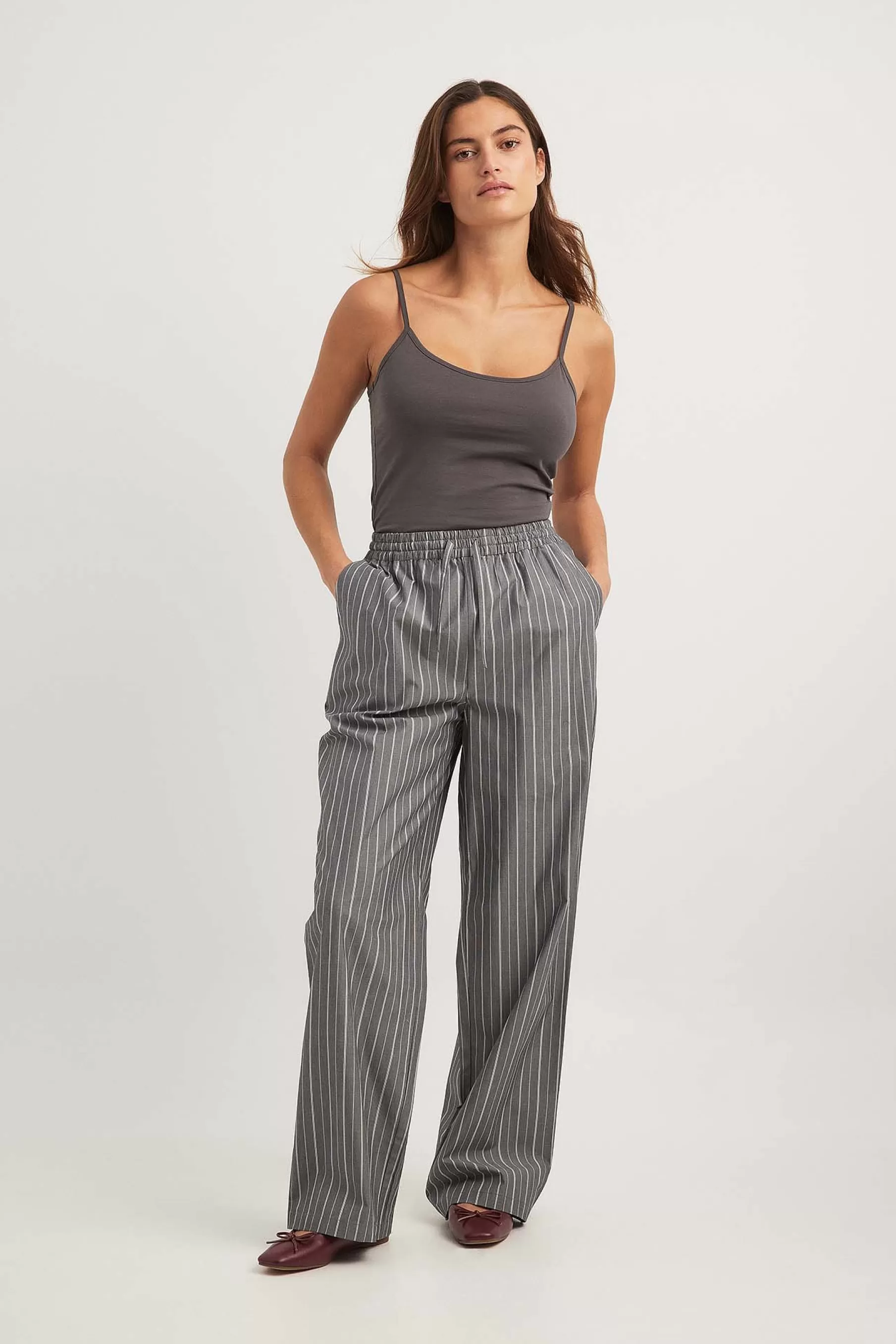 NA-KD Striped Cotton Drawstring Pants Grey