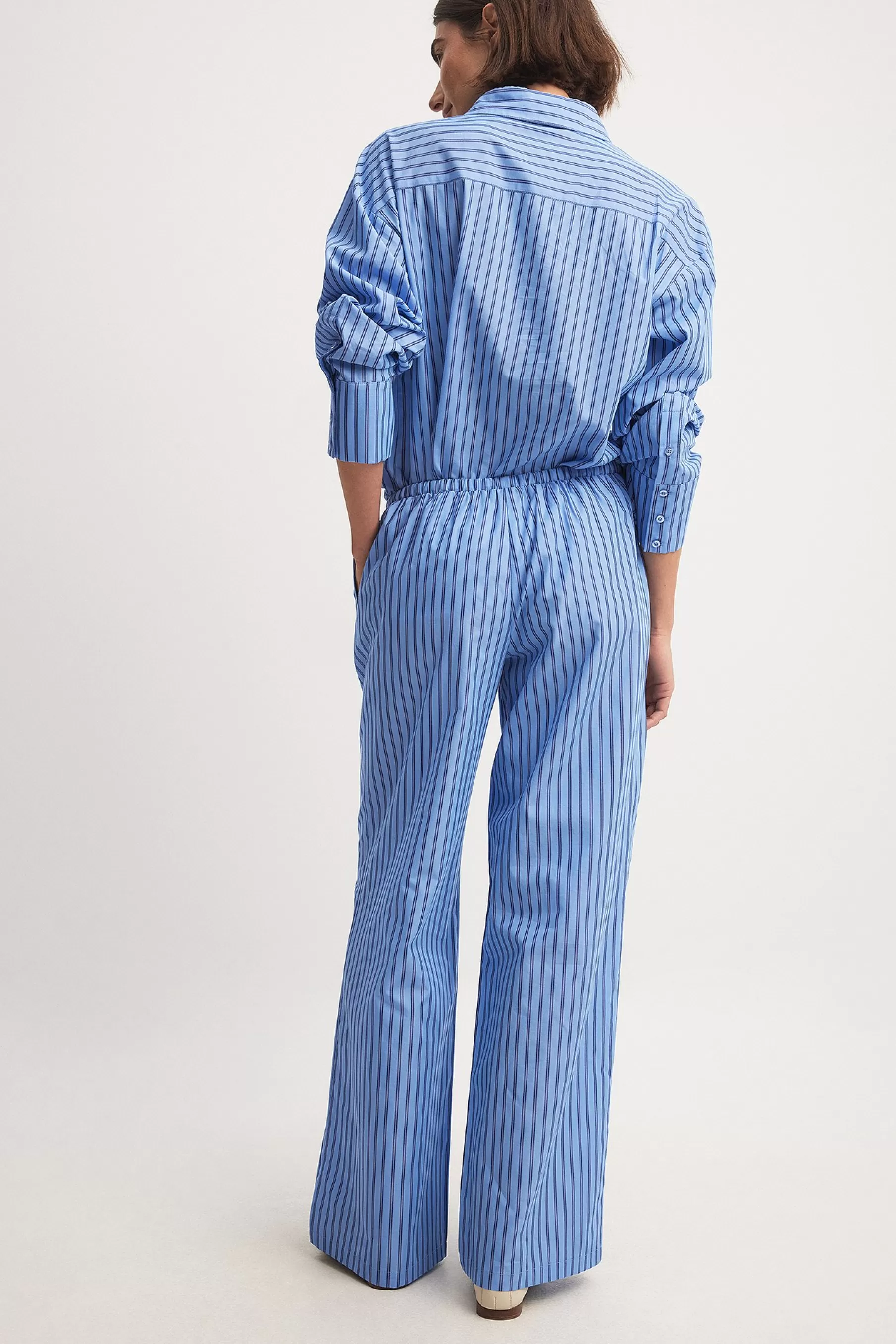 NA-KD Striped Elastic Mid Waist Trousers Blue