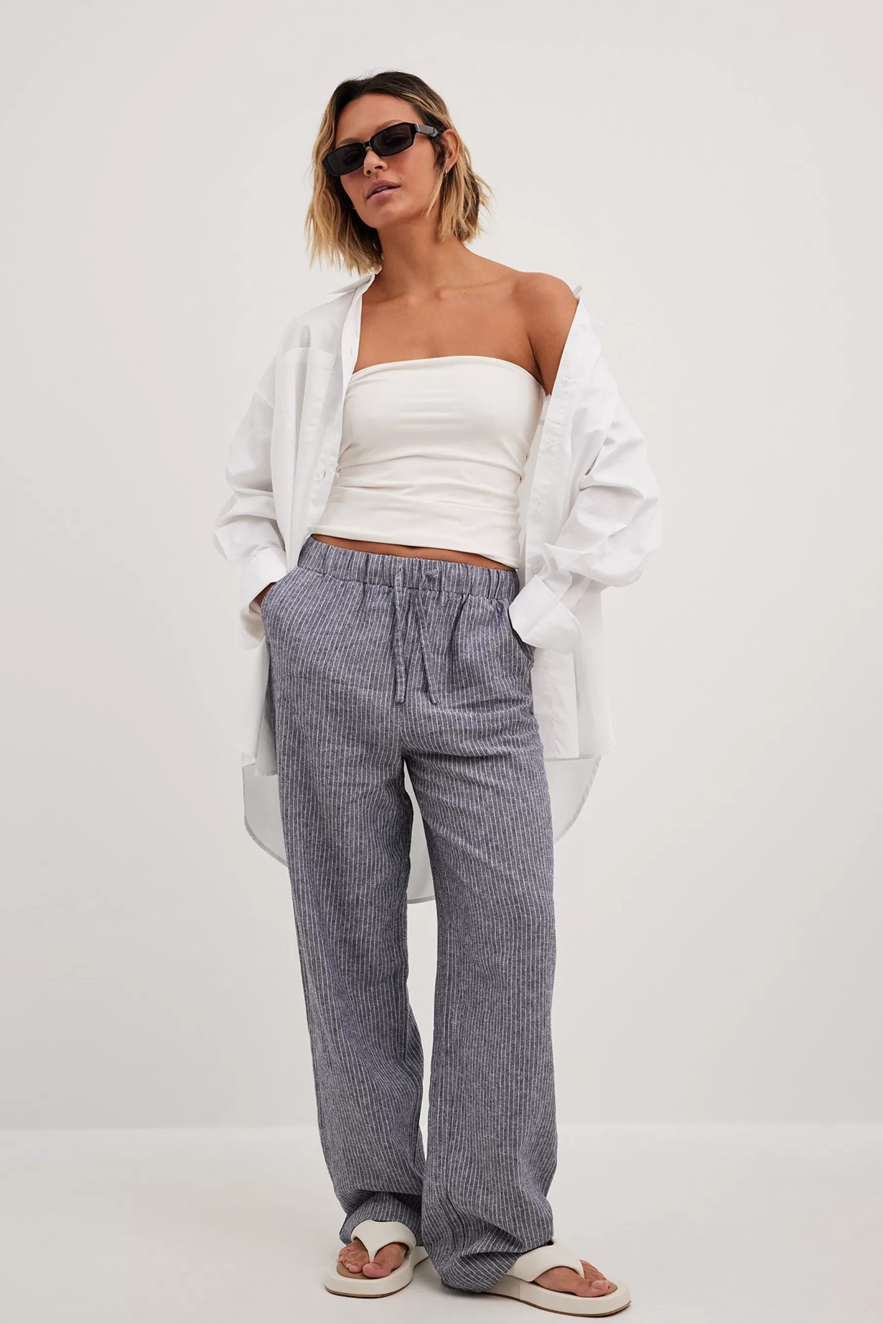 NA-KD Striped Elastic Waist Linen Pants Stripe