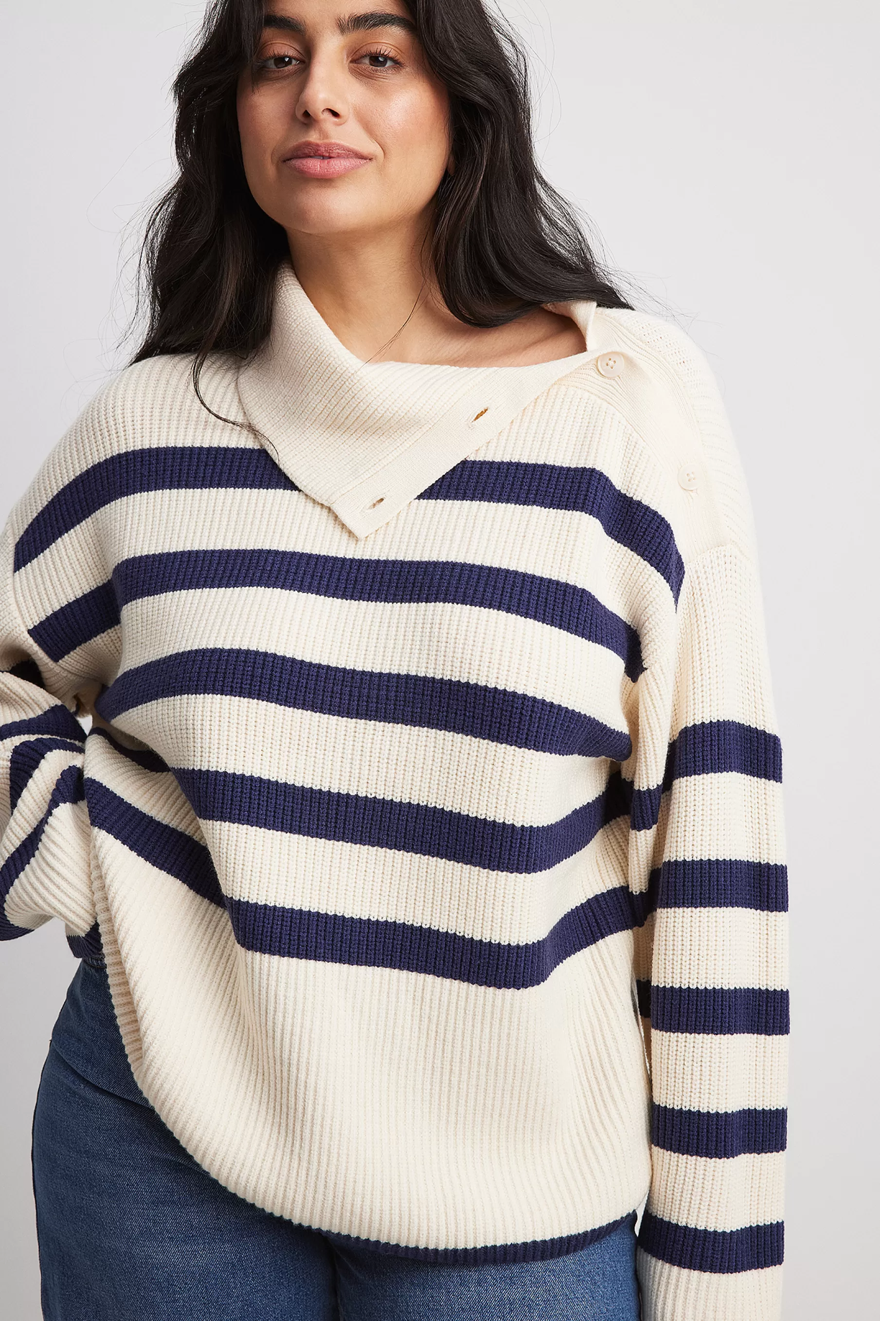 NA-KD Striped Knitted Turtleneck Sweater Offwhite