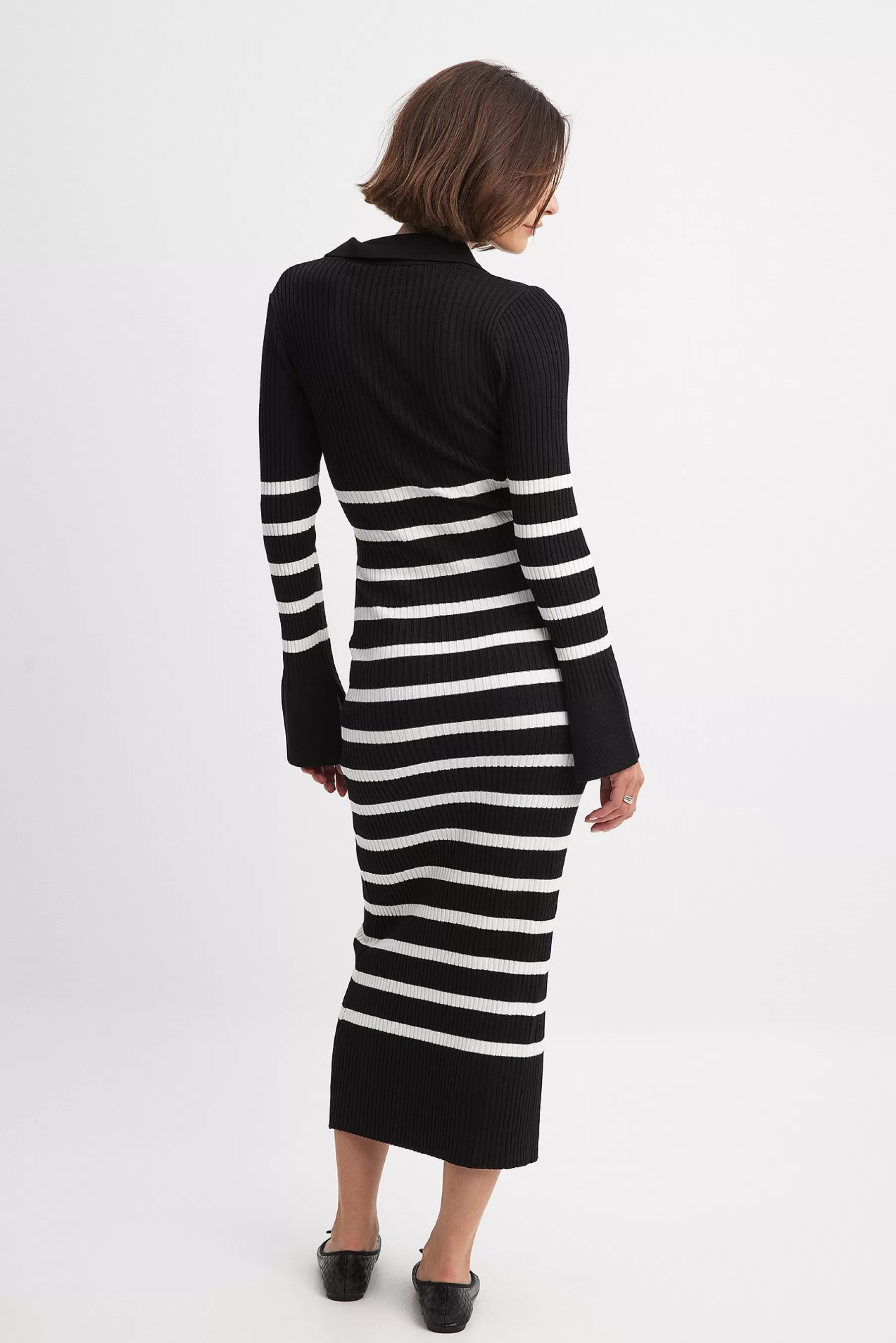 NA-KD Striped Rib Knitted Trumpet Sleeve Dress Black