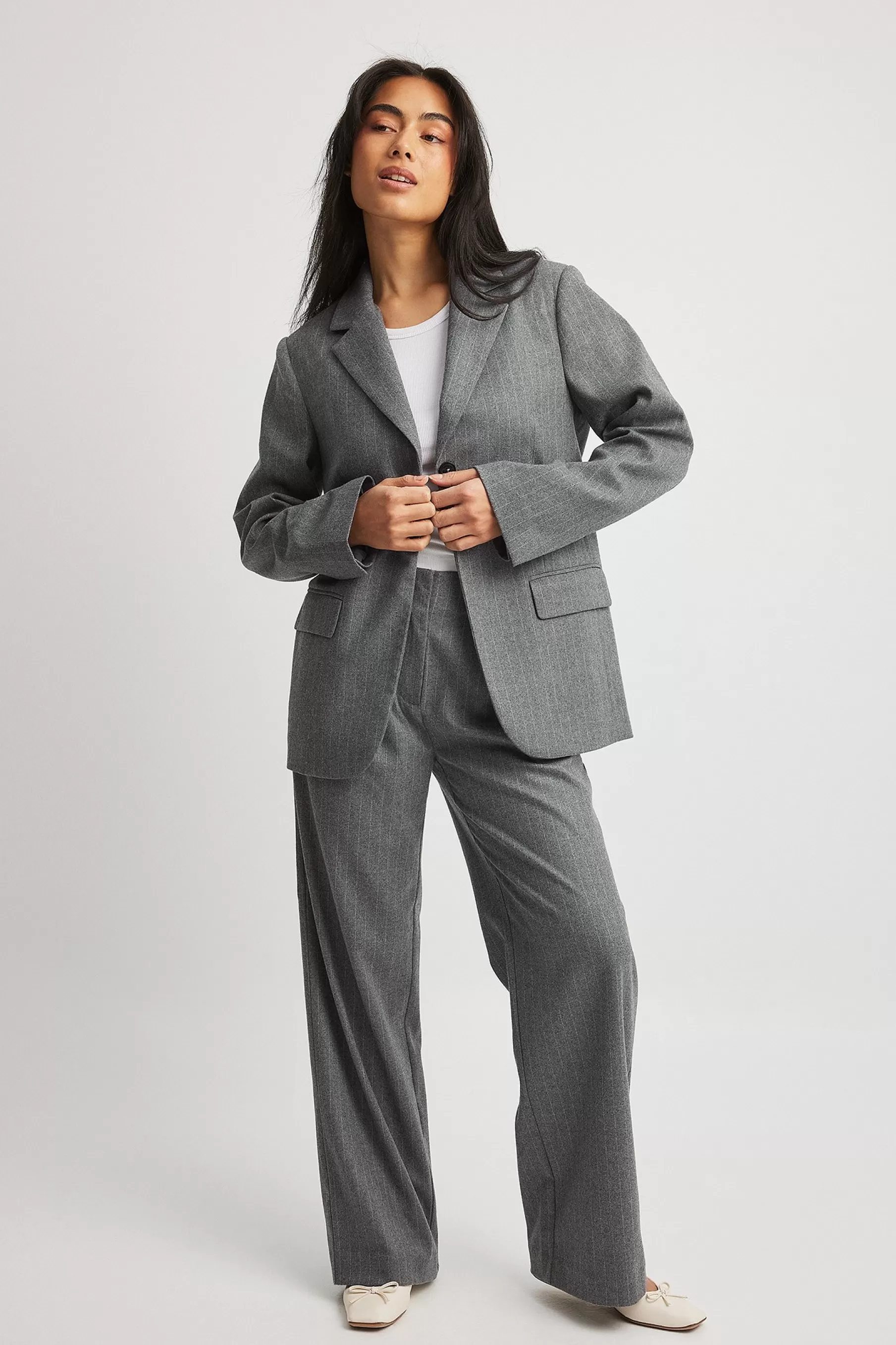 NA-KD Striped Straight Low Waist Suit Pants Grey