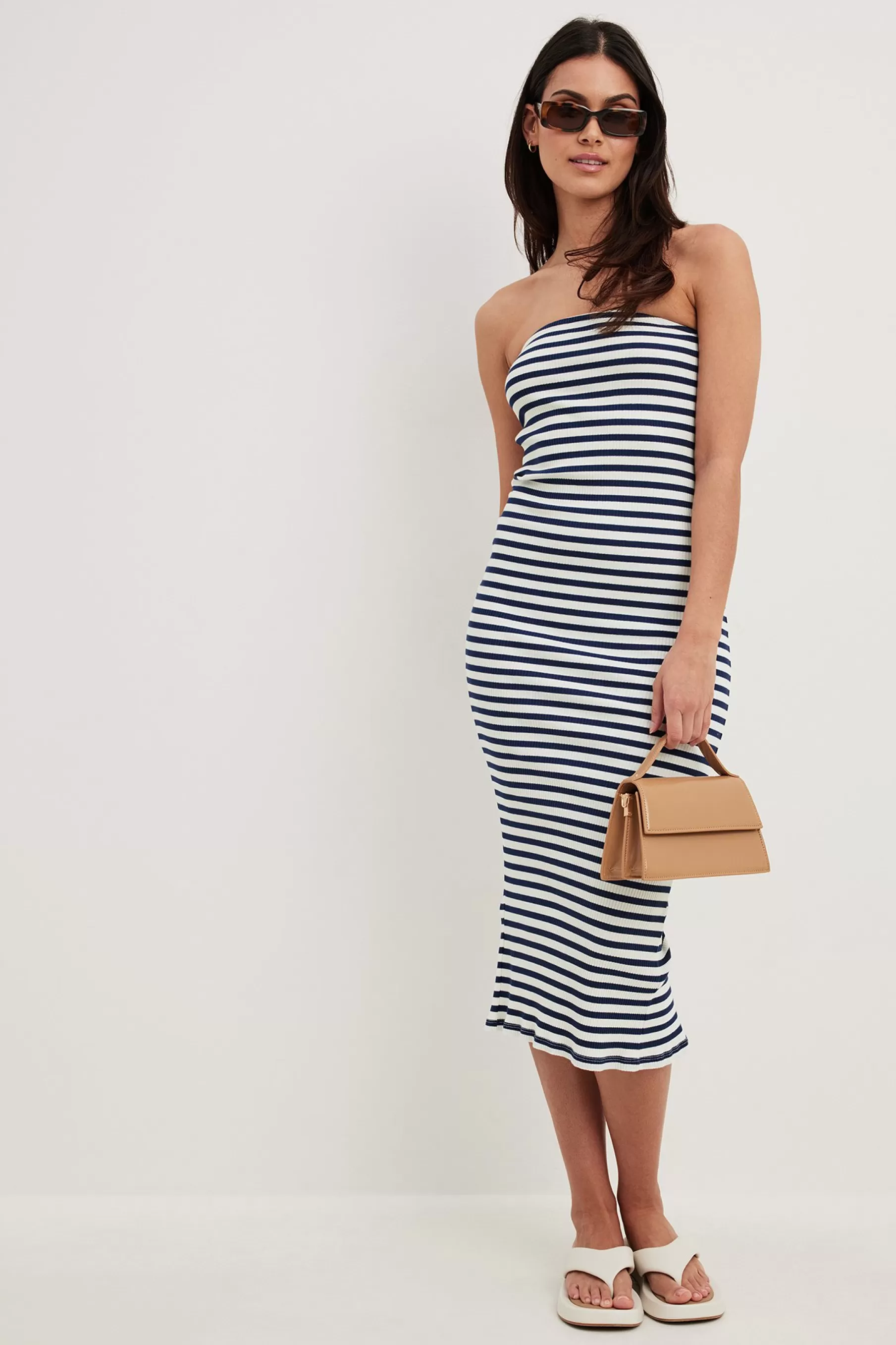 NA-KD Striped Tube Midi Dress Blue