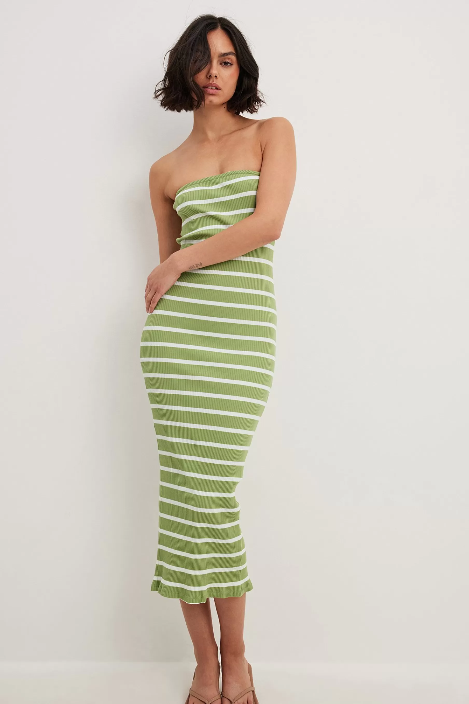 NA-KD Striped Tube Midi Dress Green