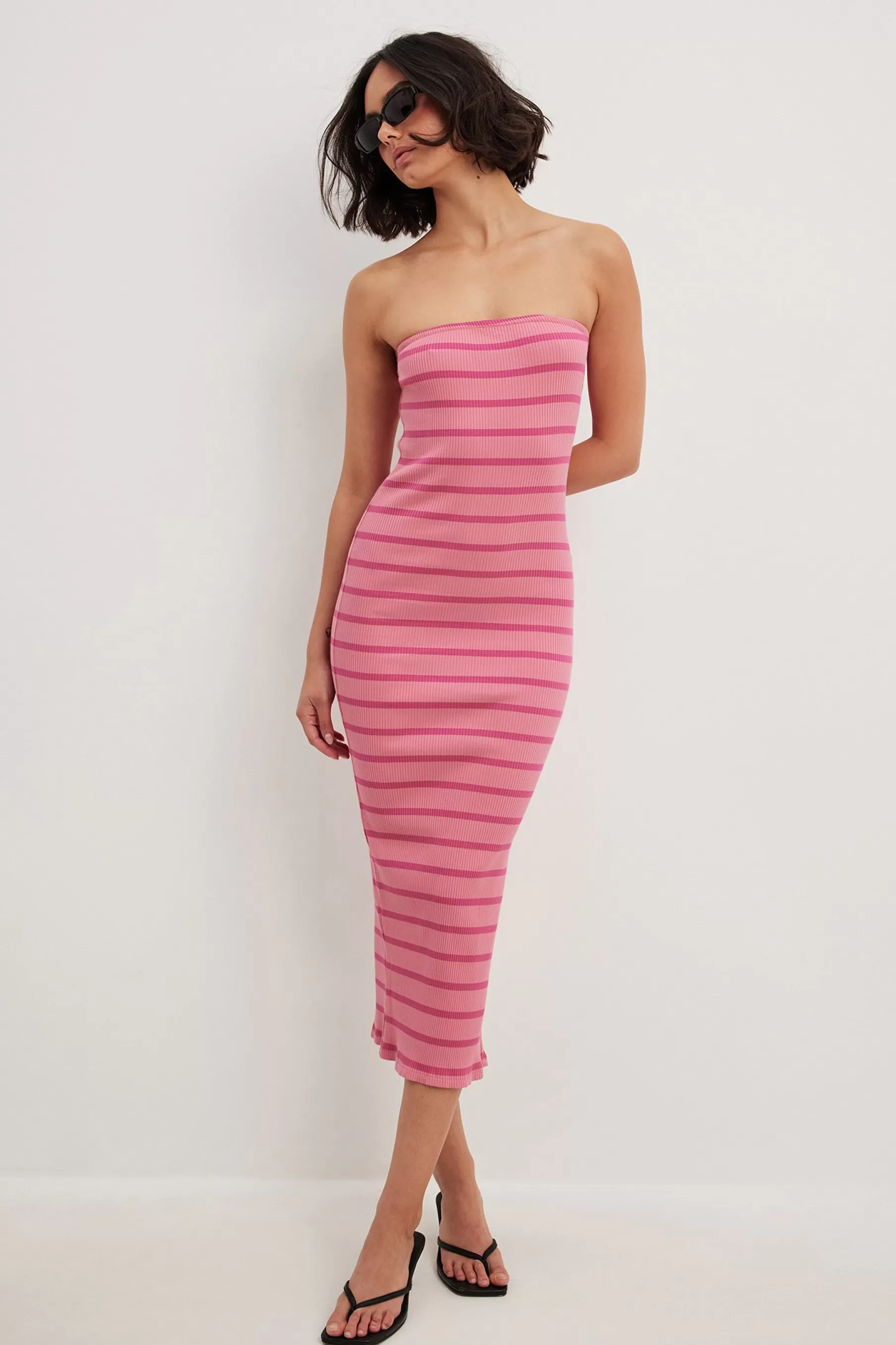 NA-KD Striped Tube Midi Dress Pink