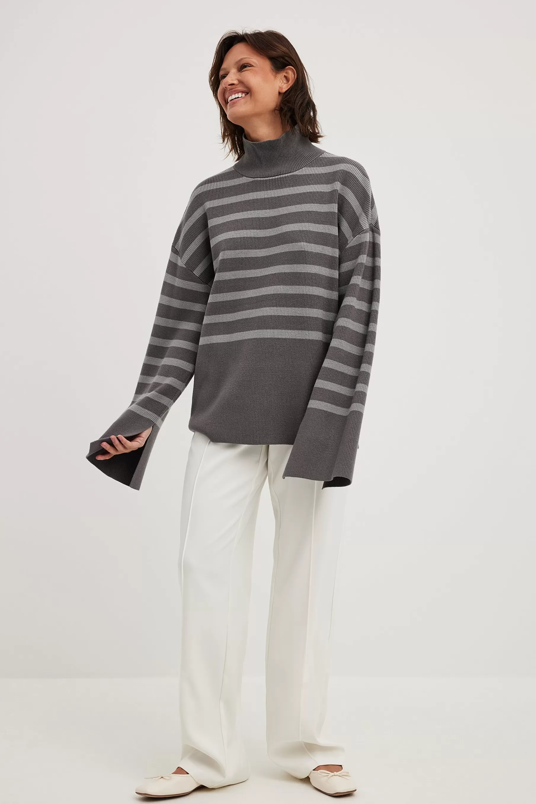 NA-KD Striped Turtle Neck Knitted Sweater Grey