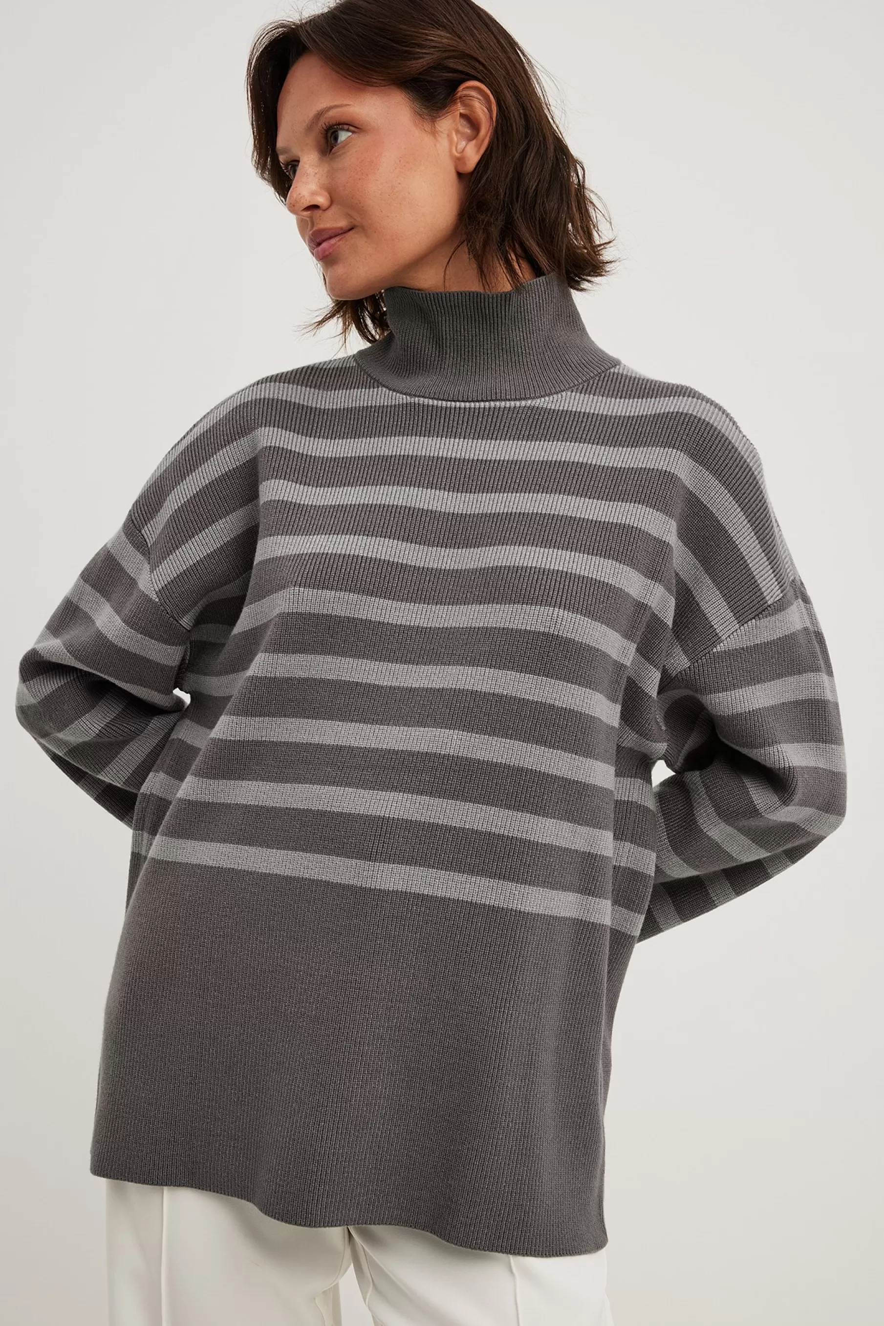 NA-KD Striped Turtle Neck Knitted Sweater Grey