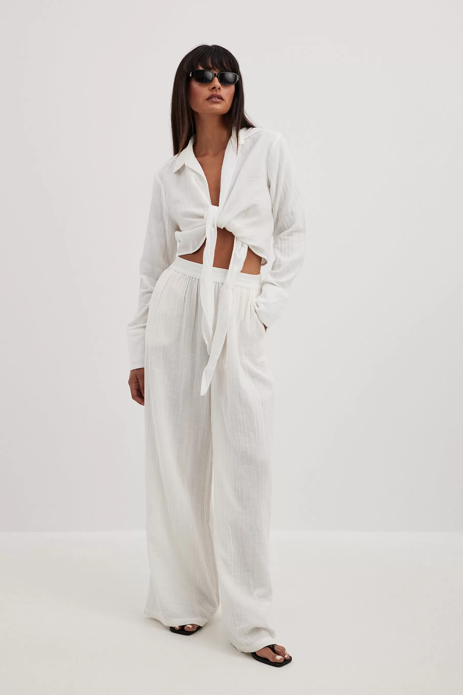 NA-KD Structured Flowy Elastic Waist Pants White