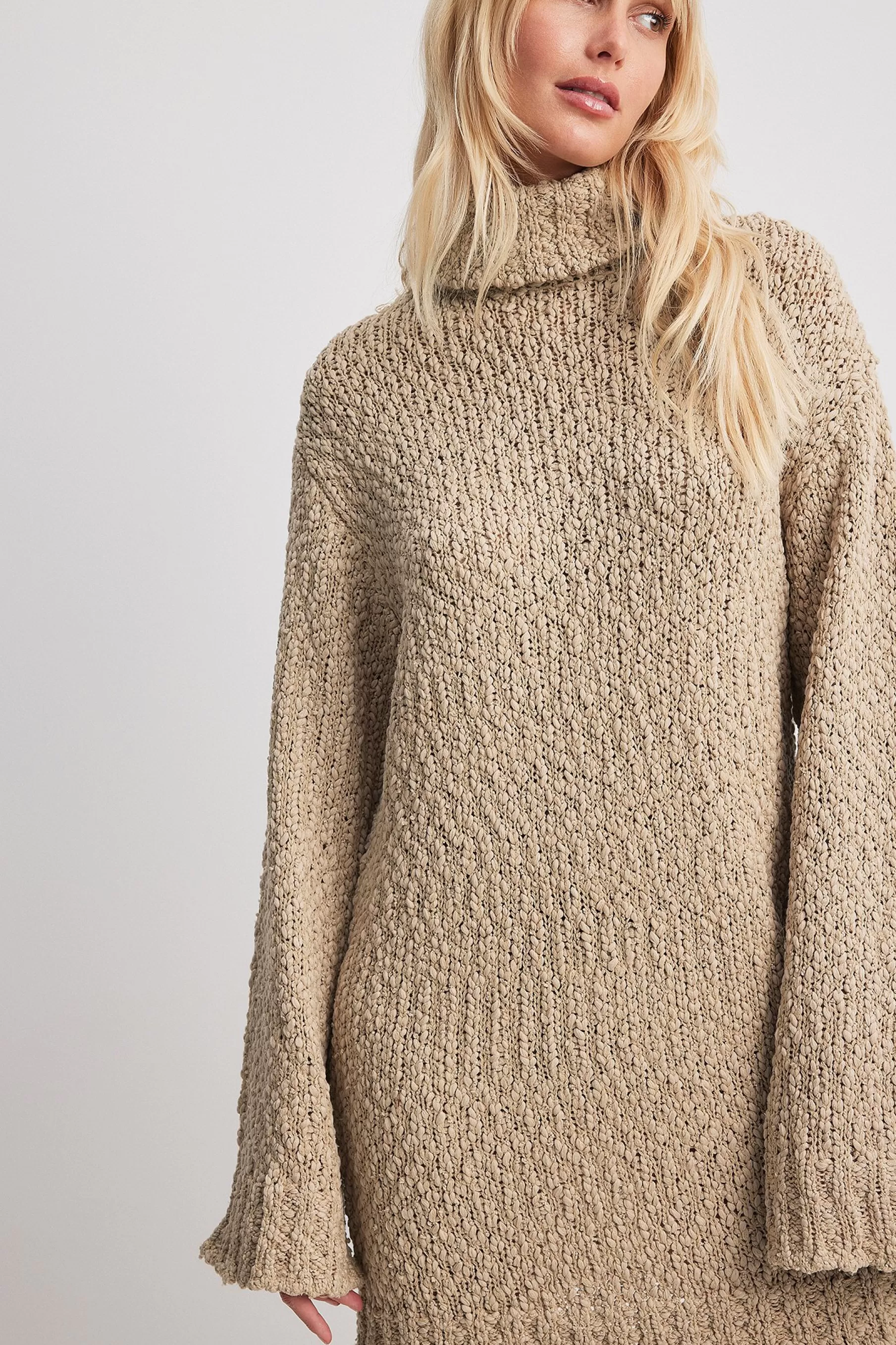 NA-KD Structured Knitted Turtle Neck Sweater Dress Beige