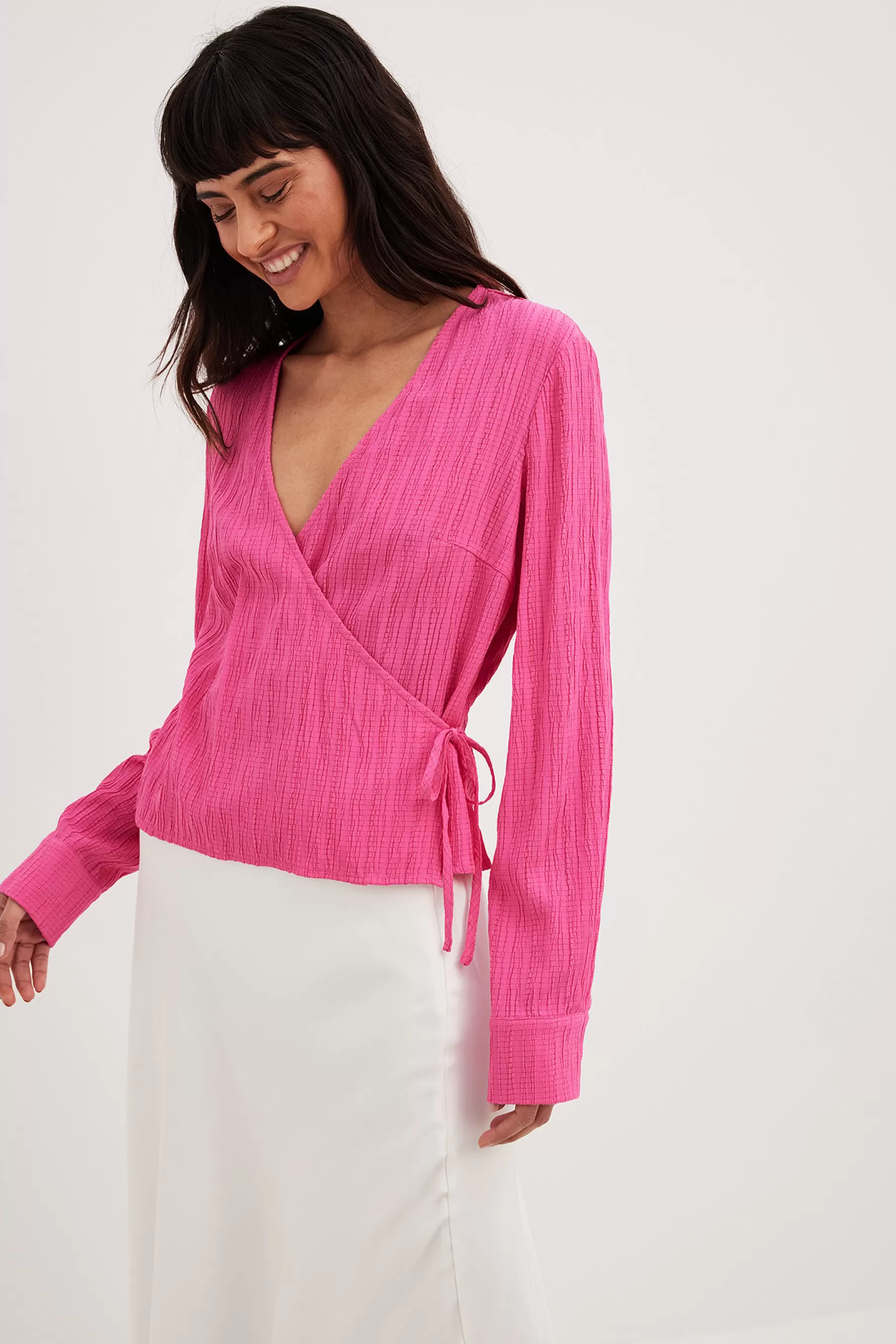 NA-KD Structured Long Sleeve Wrap Top Pink