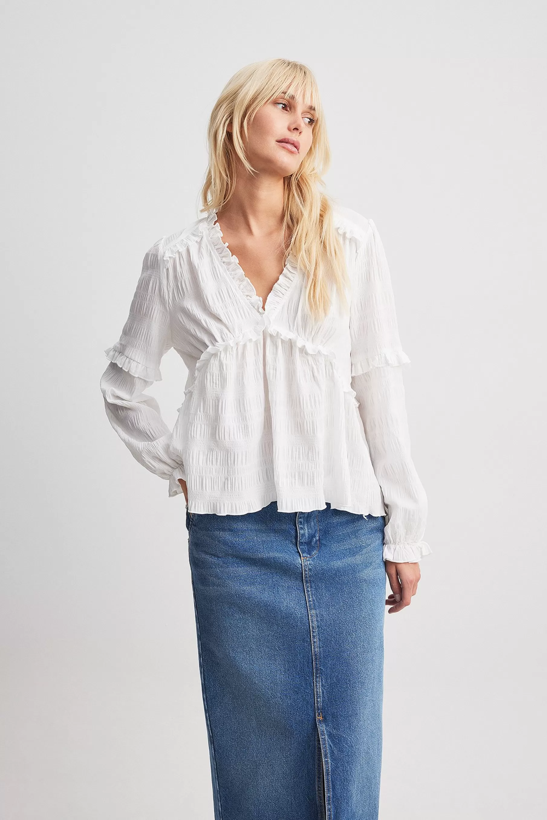 NA-KD Structured LS Frill Blouse White