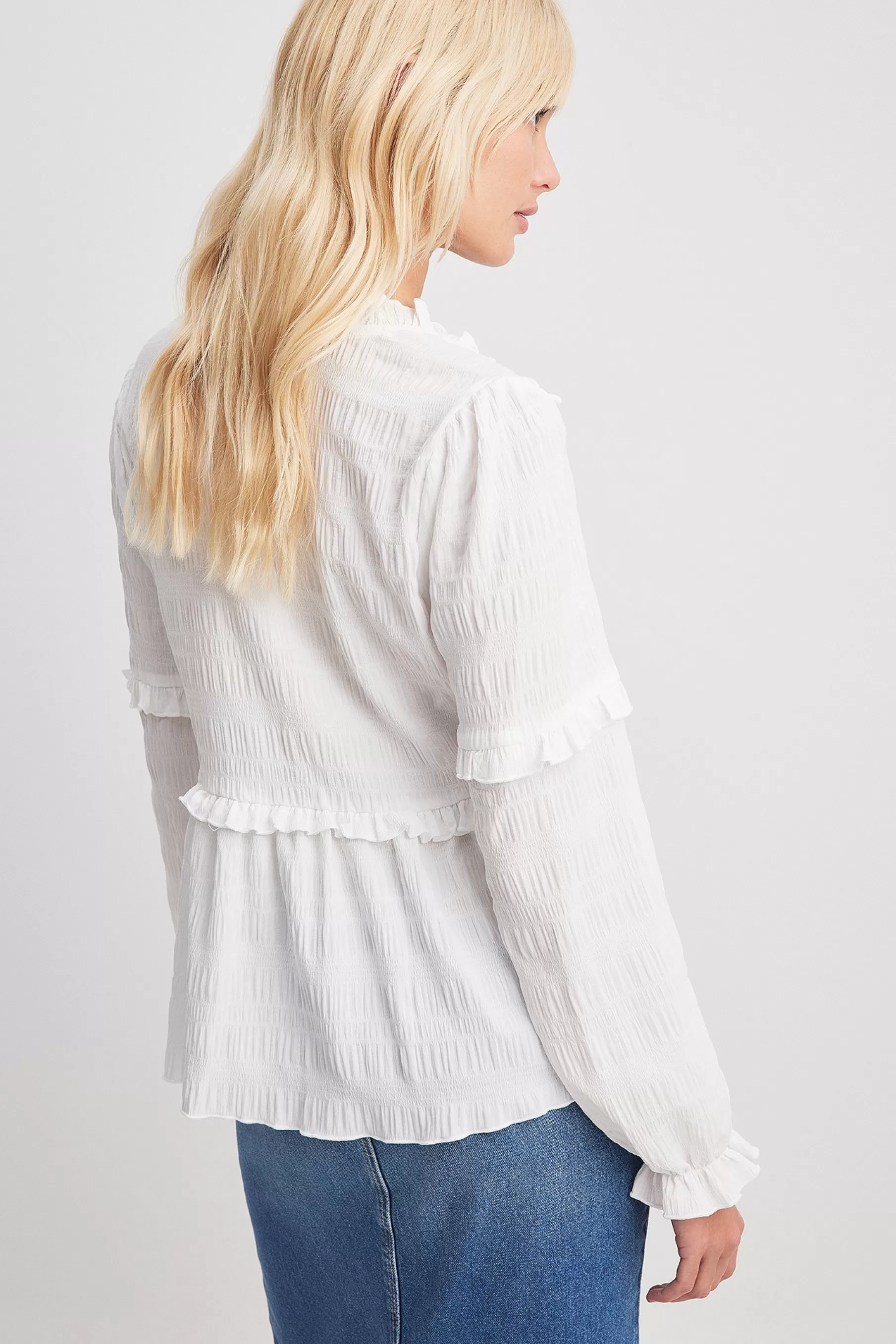 NA-KD Structured LS Frill Blouse White