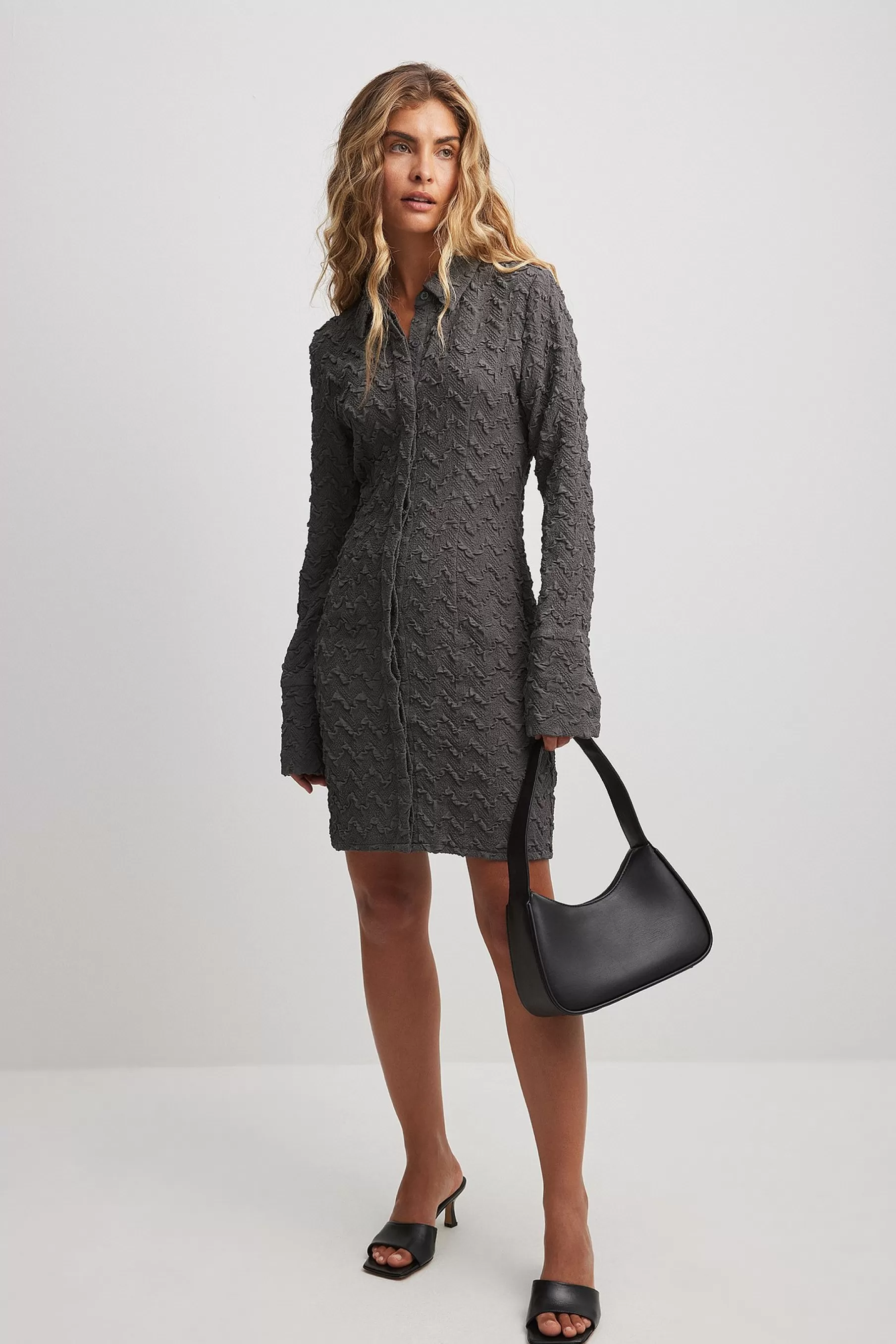 NA-KD Structured LS Mini Shirt Dress Grey