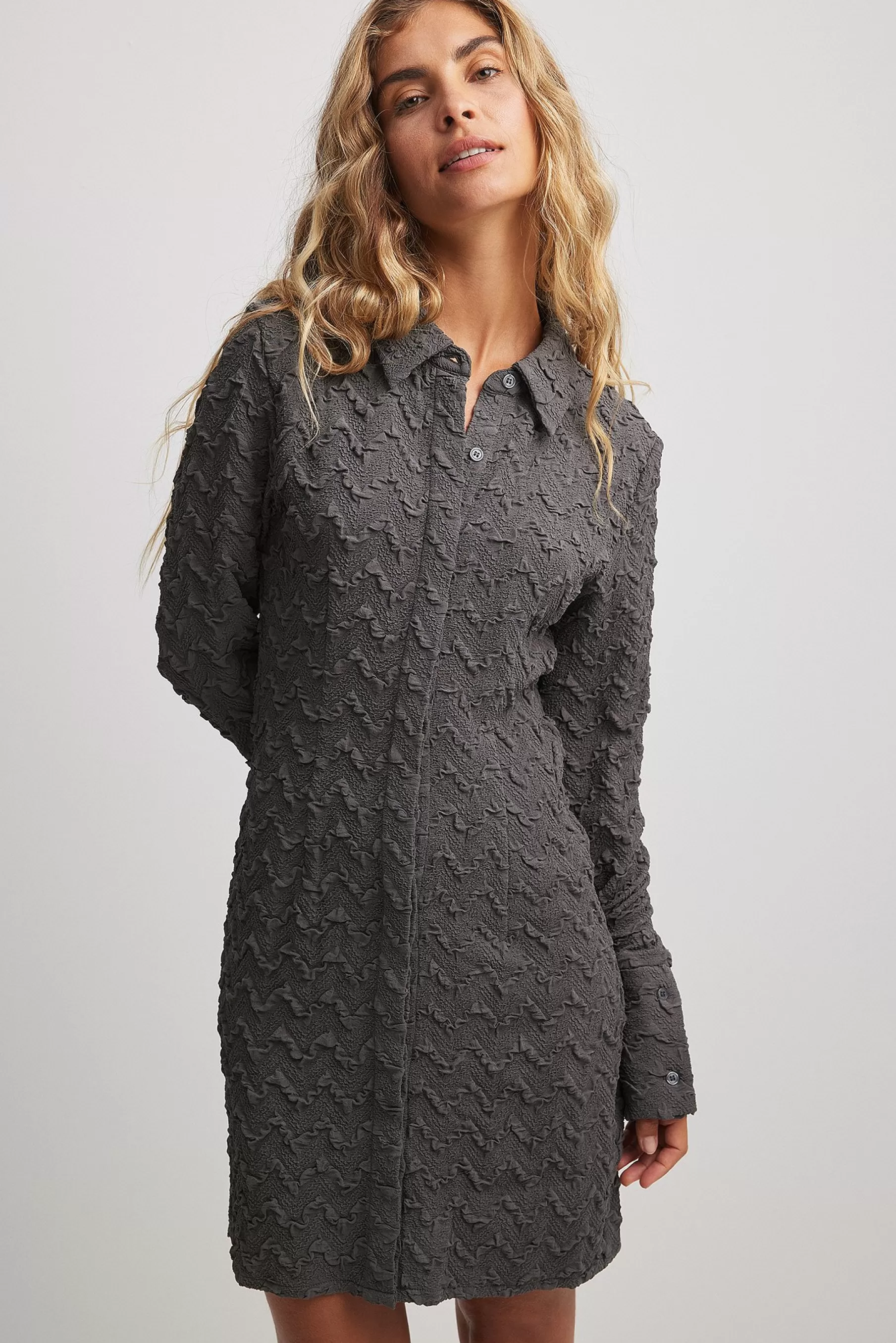 NA-KD Structured LS Mini Shirt Dress Grey