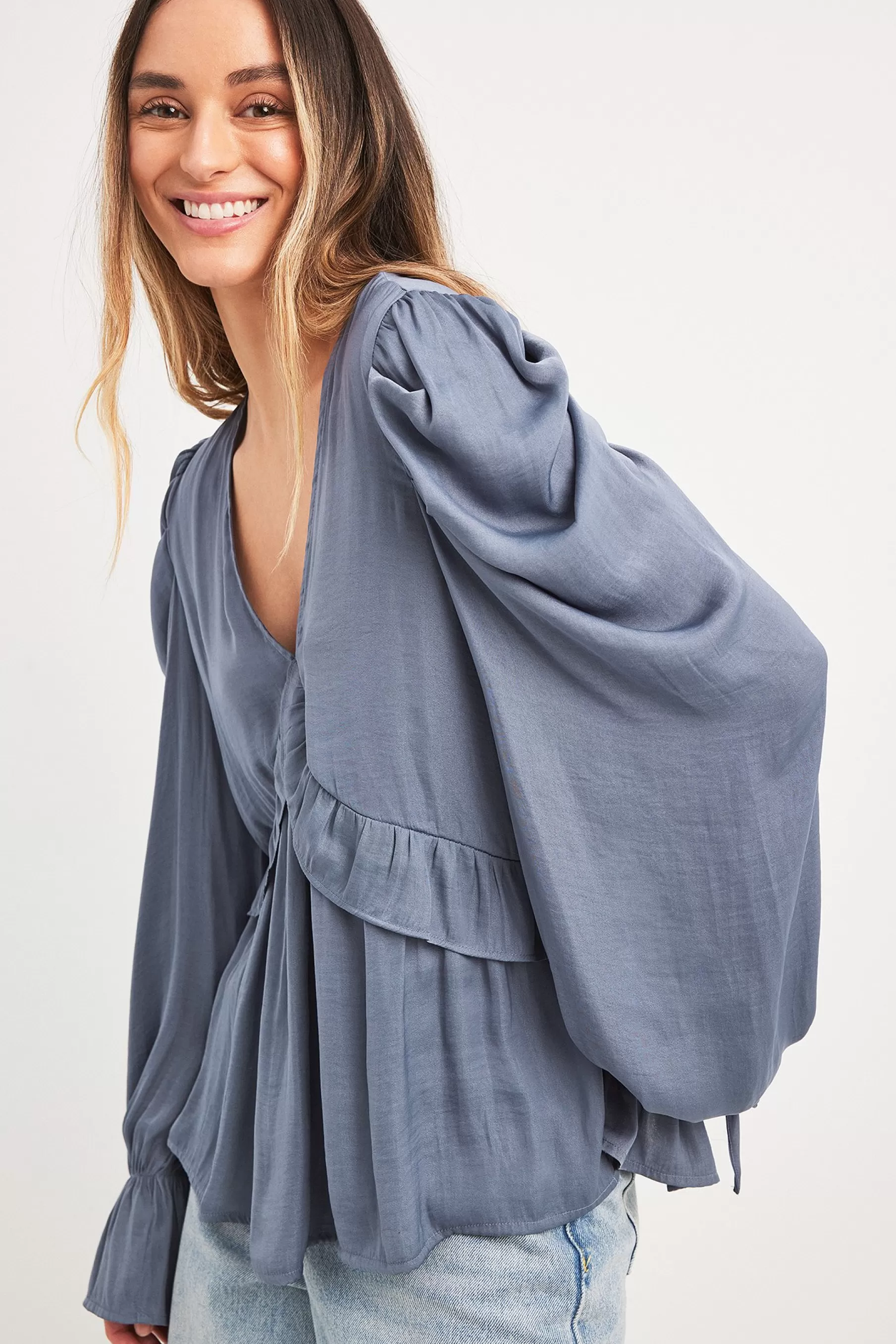 NA-KD Structured Ruffle Detail Tie Sleeve Blouse Blue