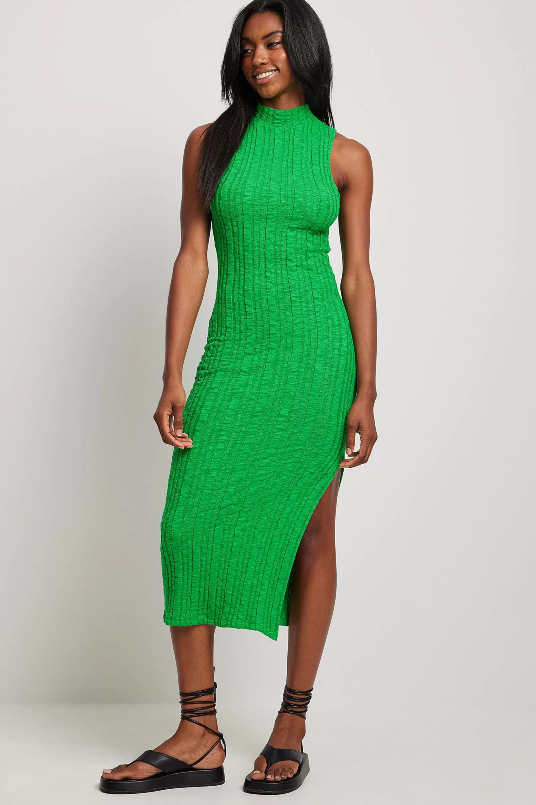 NA-KD Structured Slit Detail Midi Dress Green