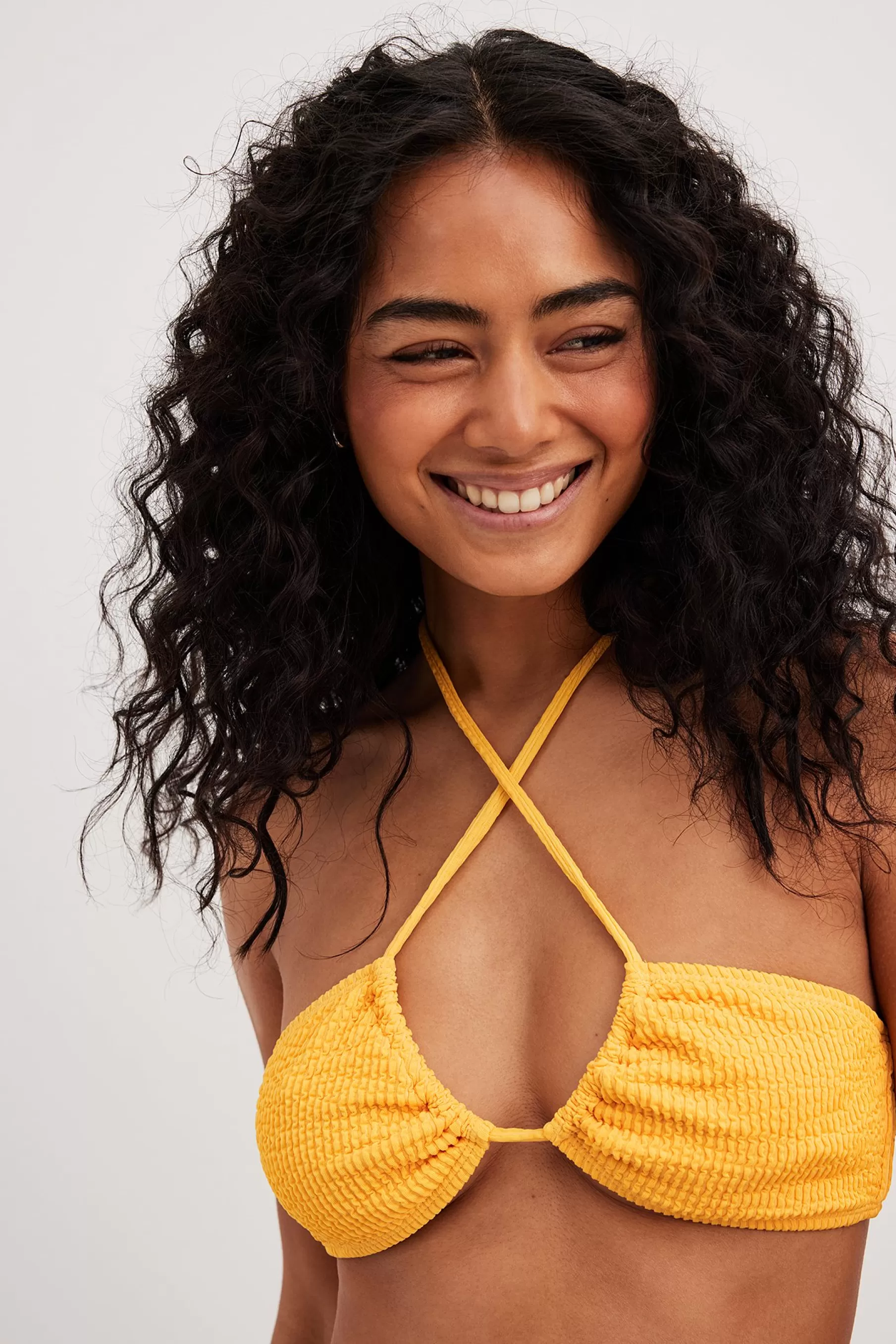 NA-KD Structured Tie Detail Bikini Top Yellow