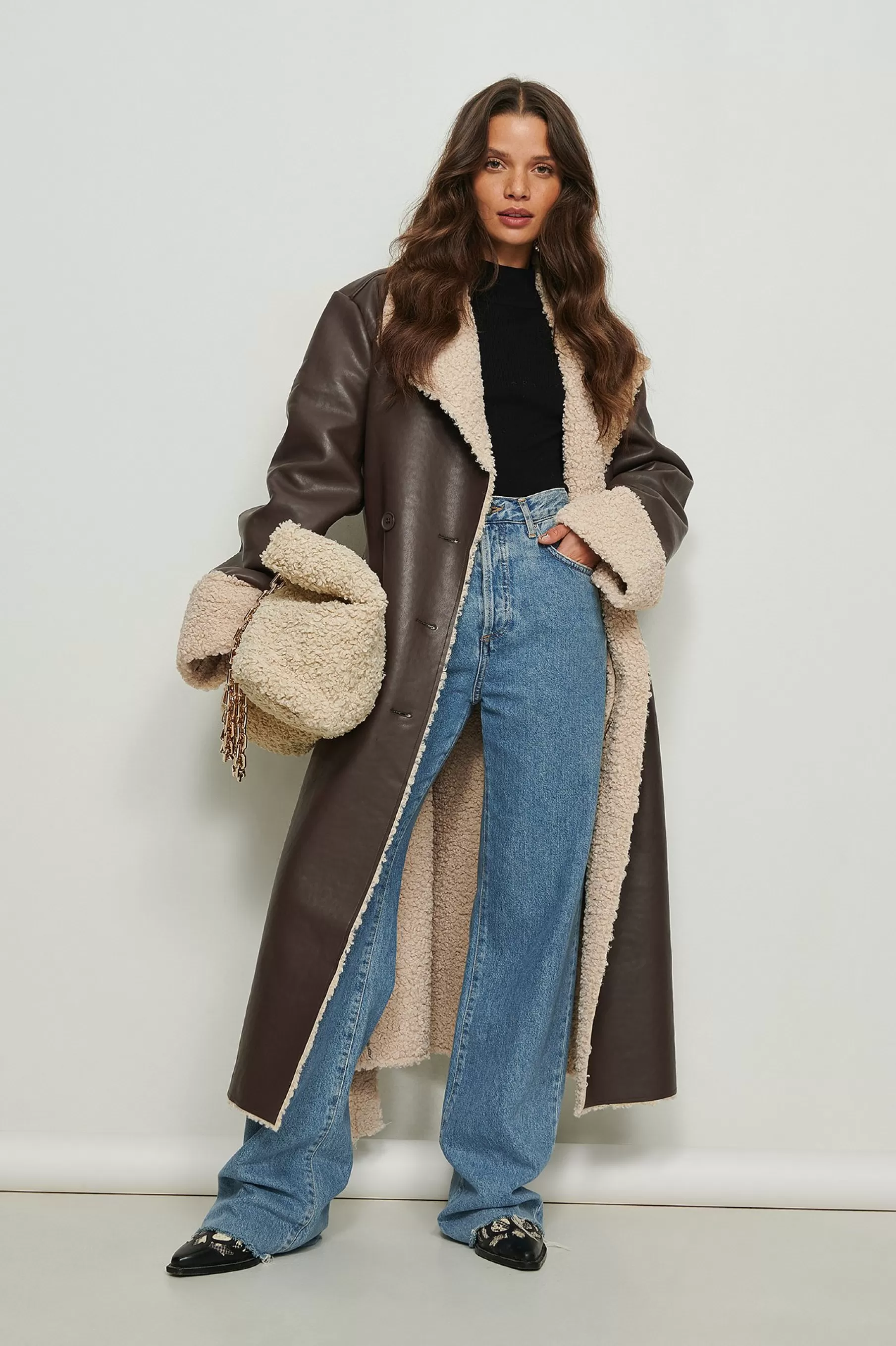 NA-KD Teddy Detail PU Coat Brown