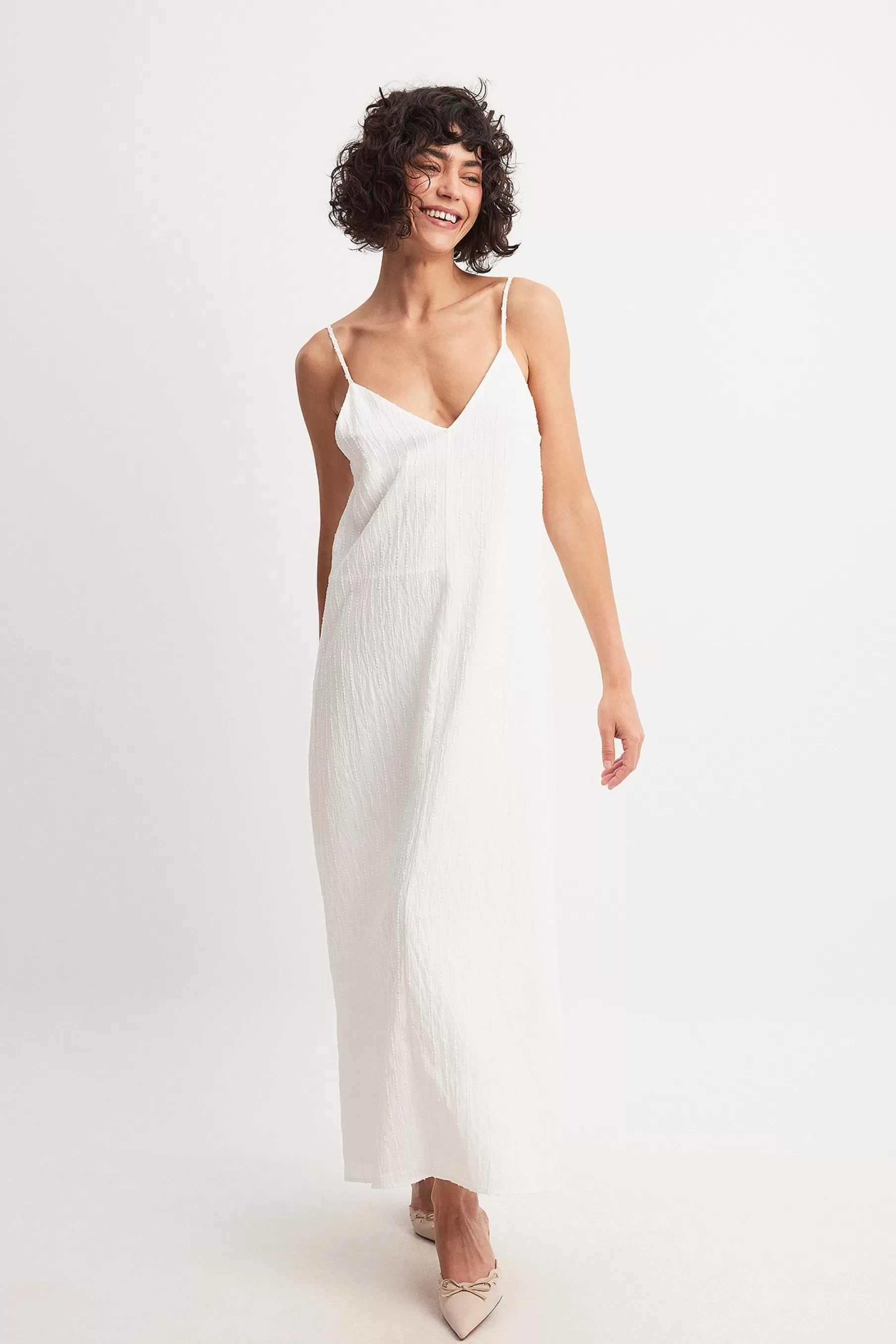 NA-KD Textured Stripe Midi Strap Dress White