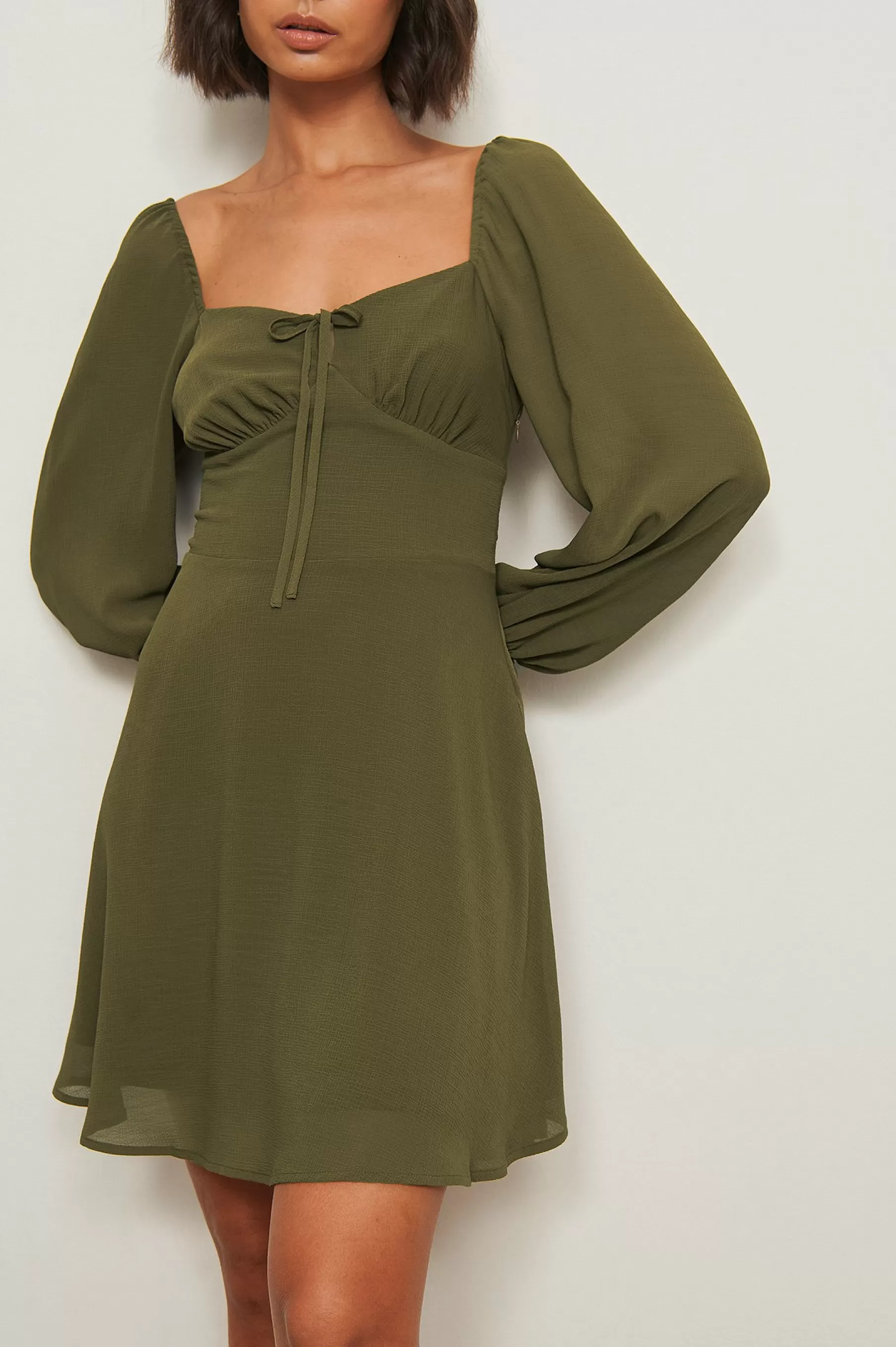 NA-KD Tie Detail Recycled Long Sleeve Dress Green