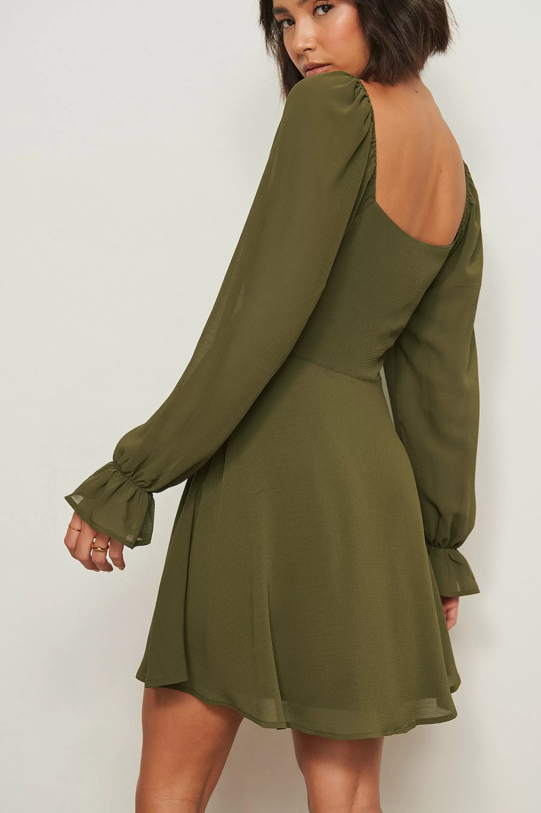 NA-KD Tie Detail Recycled Long Sleeve Dress Green