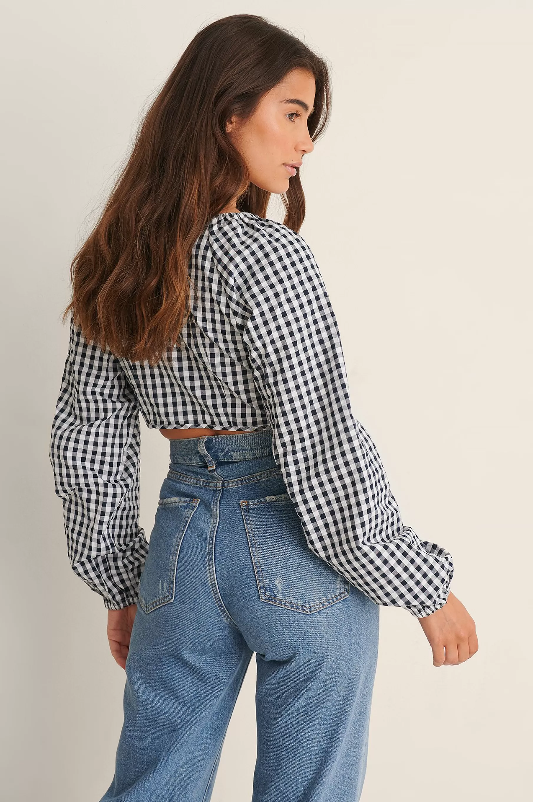 NA-KD Tie Front Check Blouse Checkered