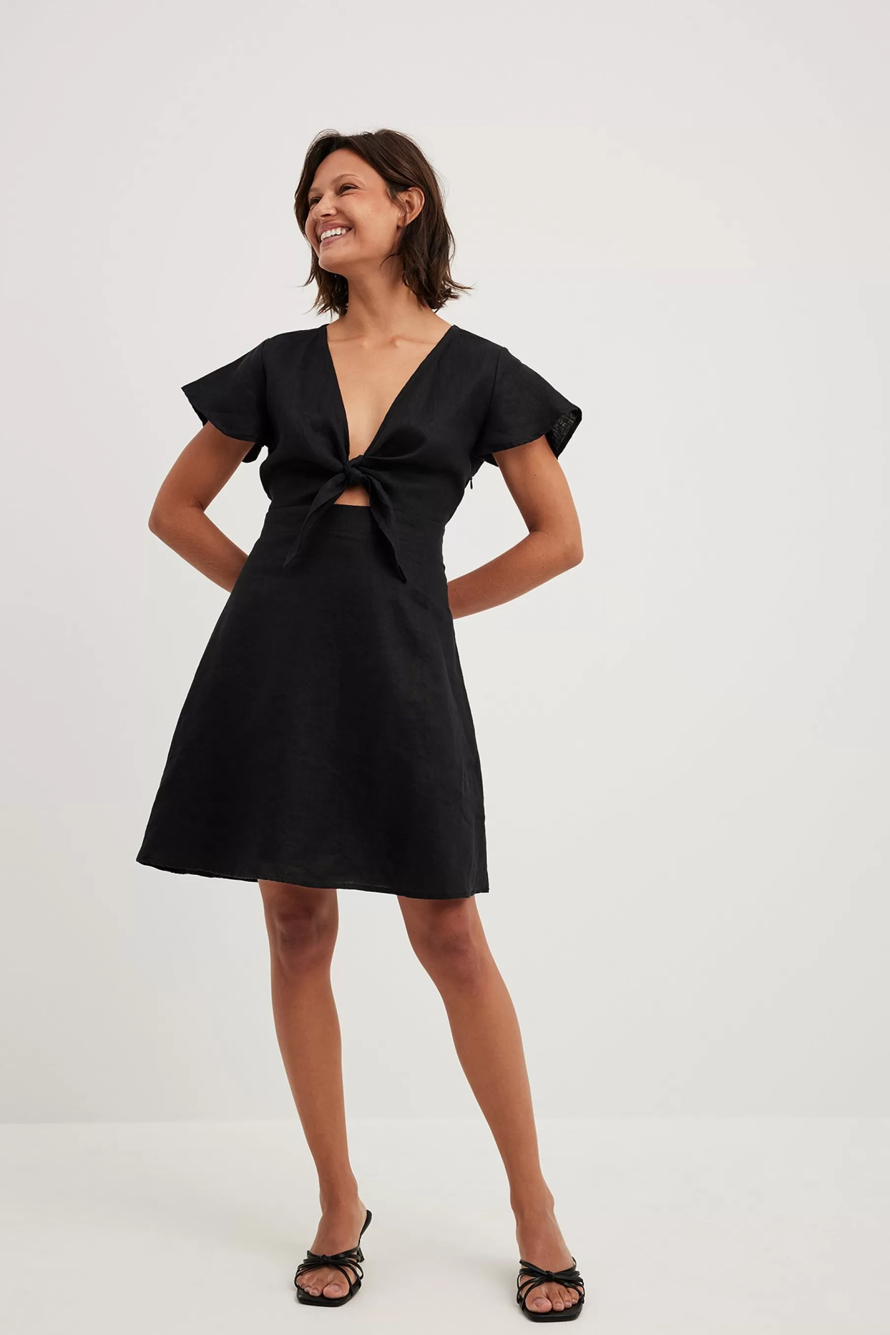 NA-KD Tie Front Linen Dress Black