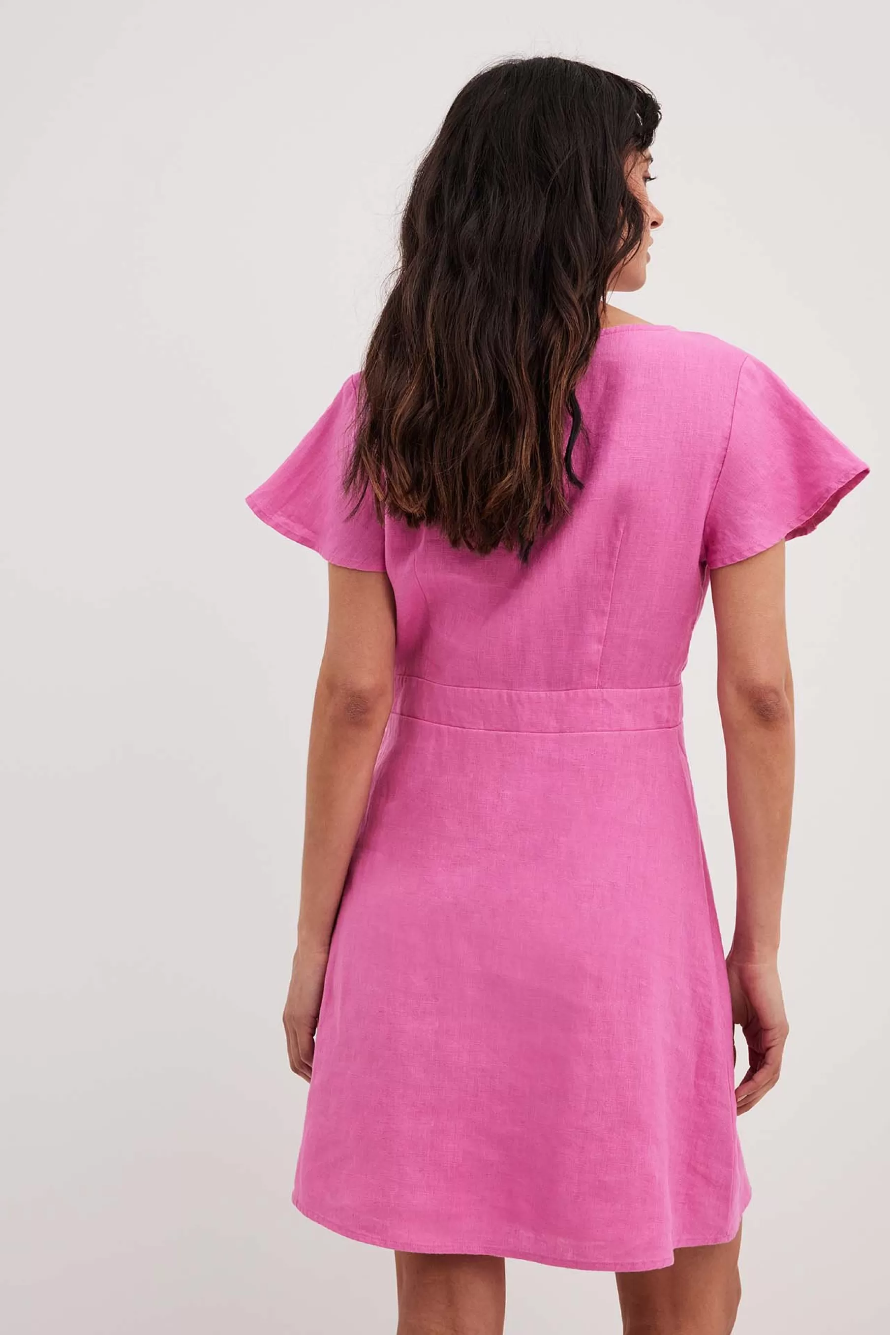 NA-KD Tie Front Linen Dress Pink