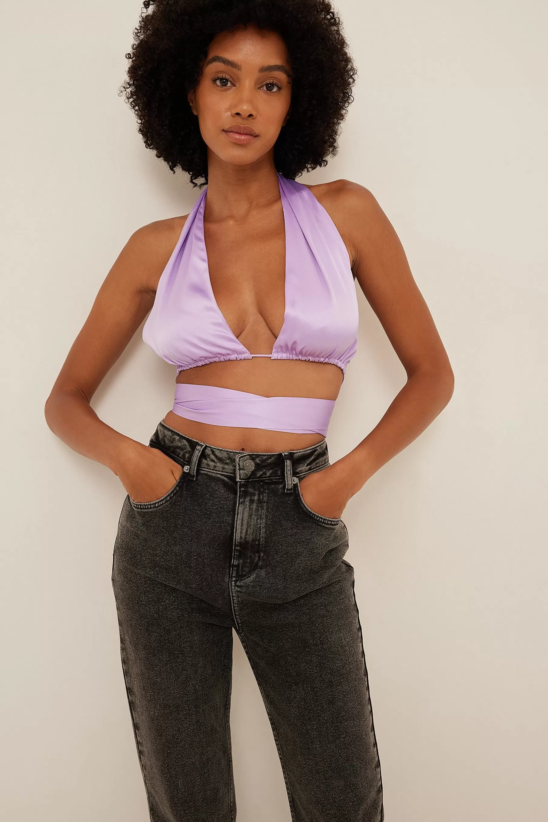 NA-KD Tie Waist Satin Top Purple