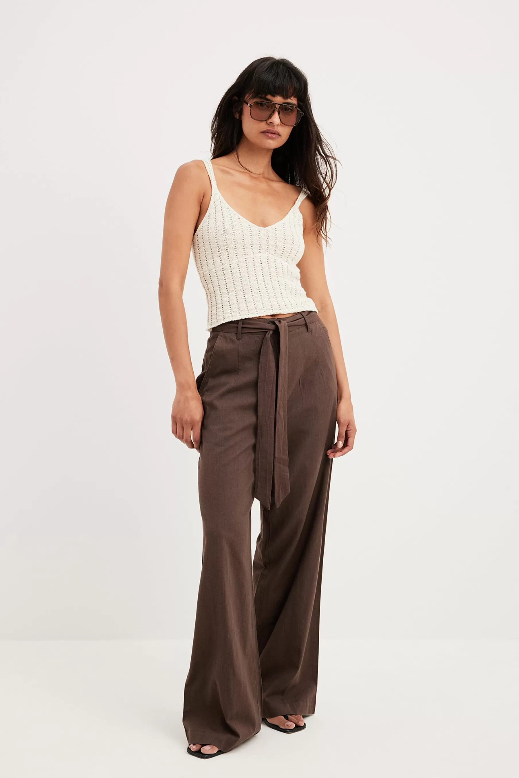 NA-KD Tie Waist Wide Leg Trousers Brown