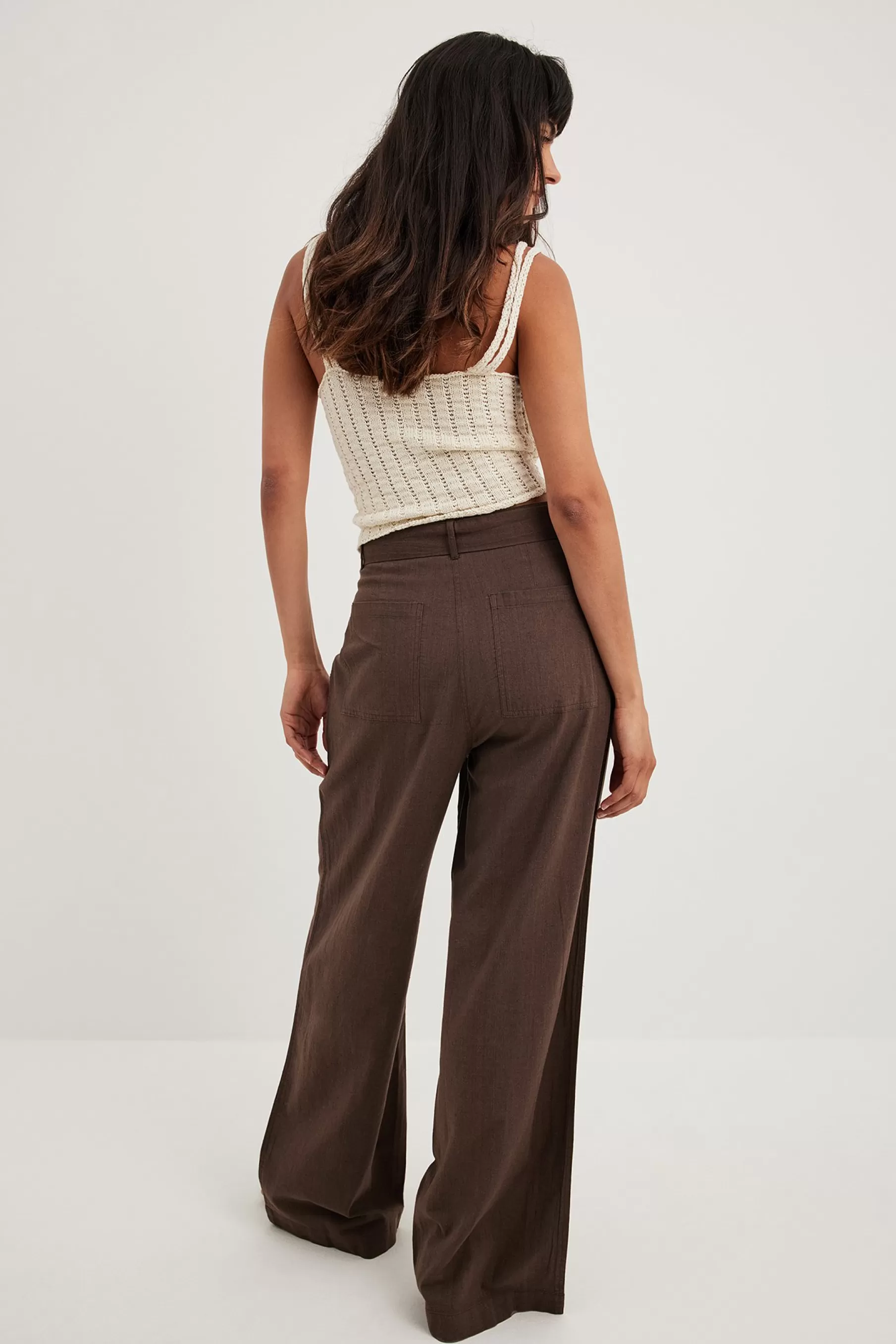 NA-KD Tie Waist Wide Leg Trousers Brown