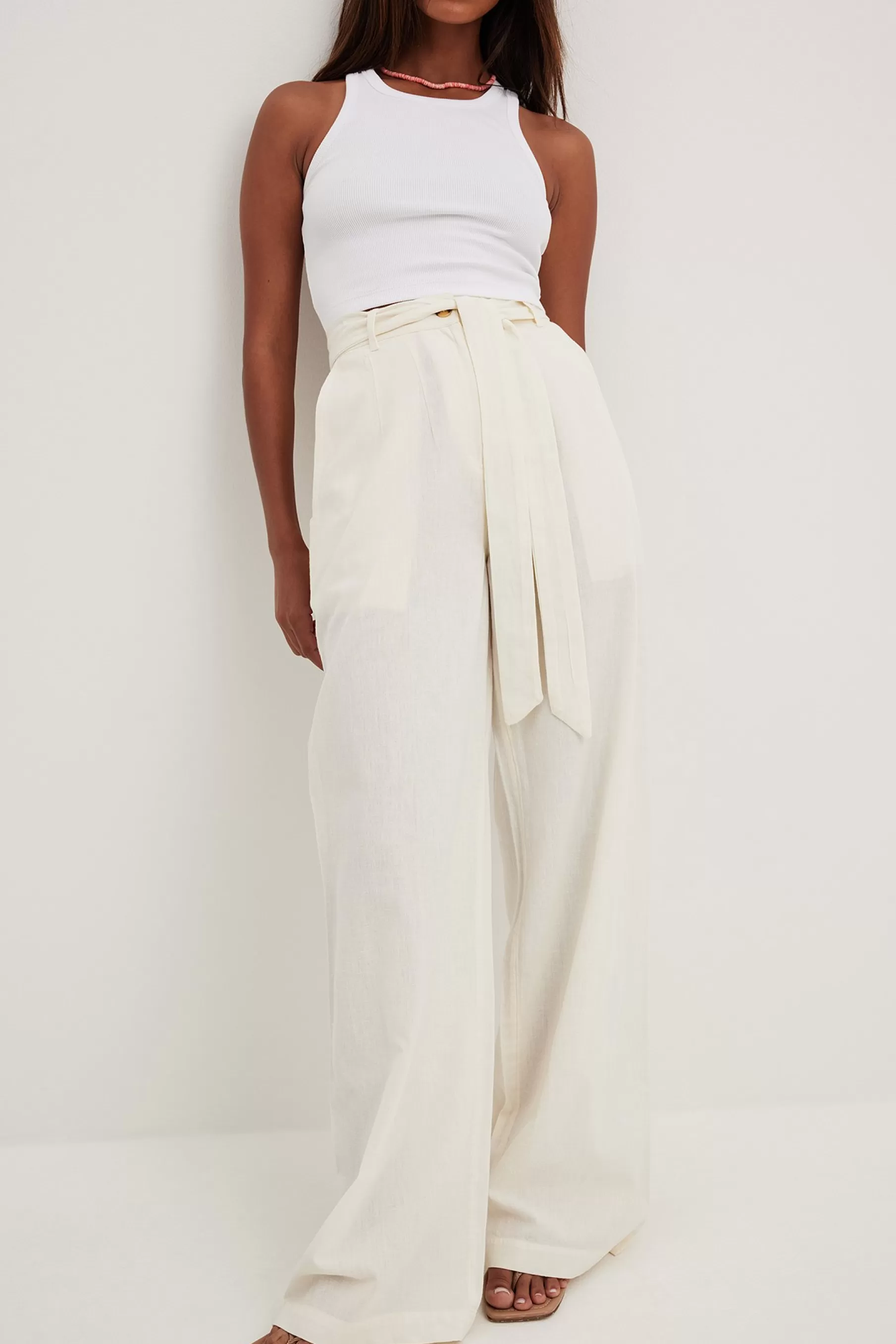 NA-KD Tie Waist Wide Leg Trousers Offwhite