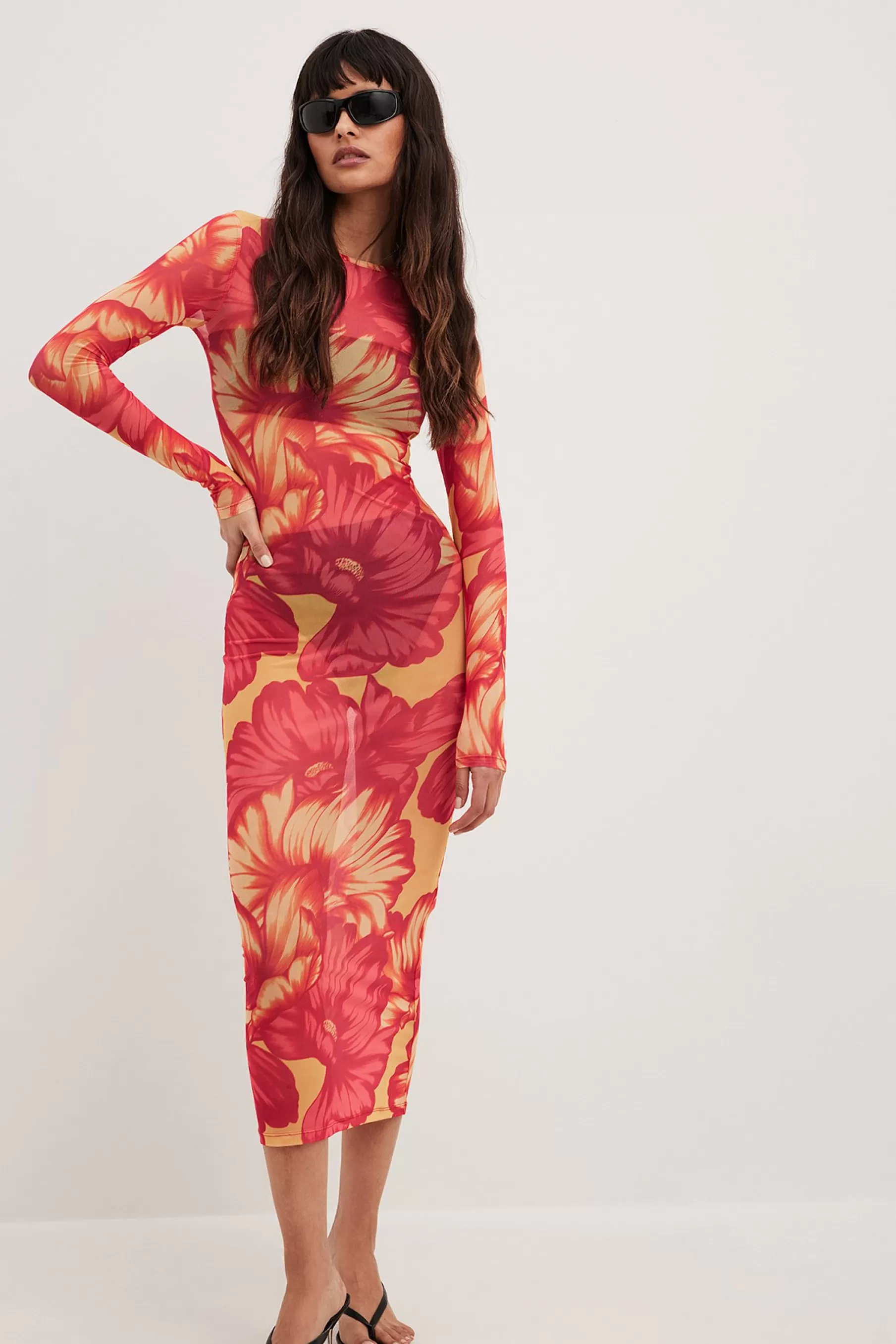 NA-KD Tight Mesh Midi Dress Flower