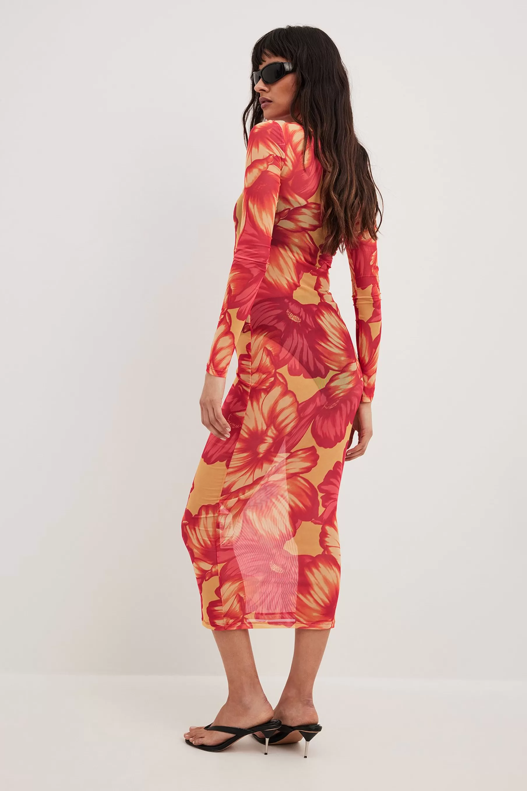 NA-KD Tight Mesh Midi Dress Flower