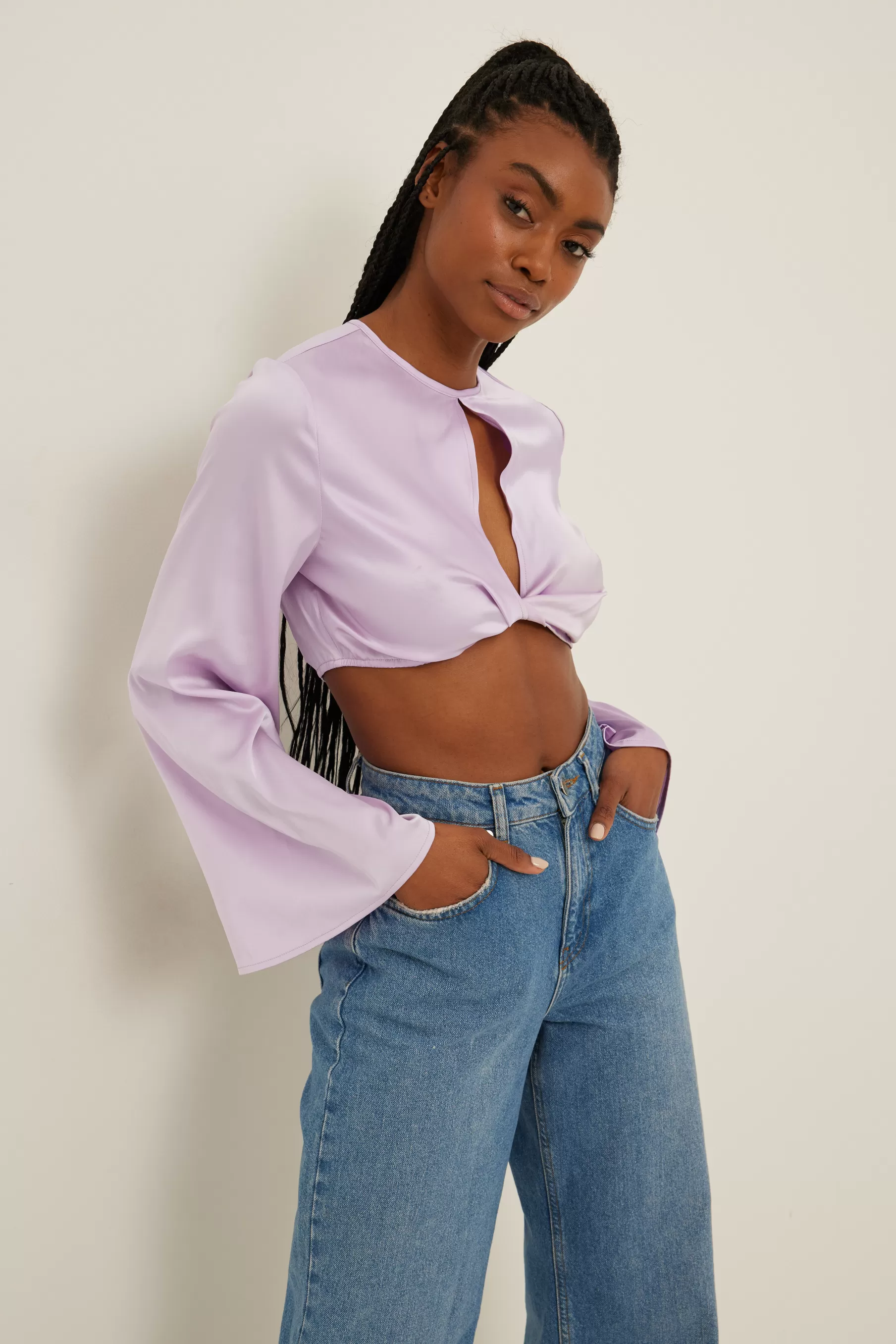 NA-KD Trumpet Sleeve Cropped Blouse Purple