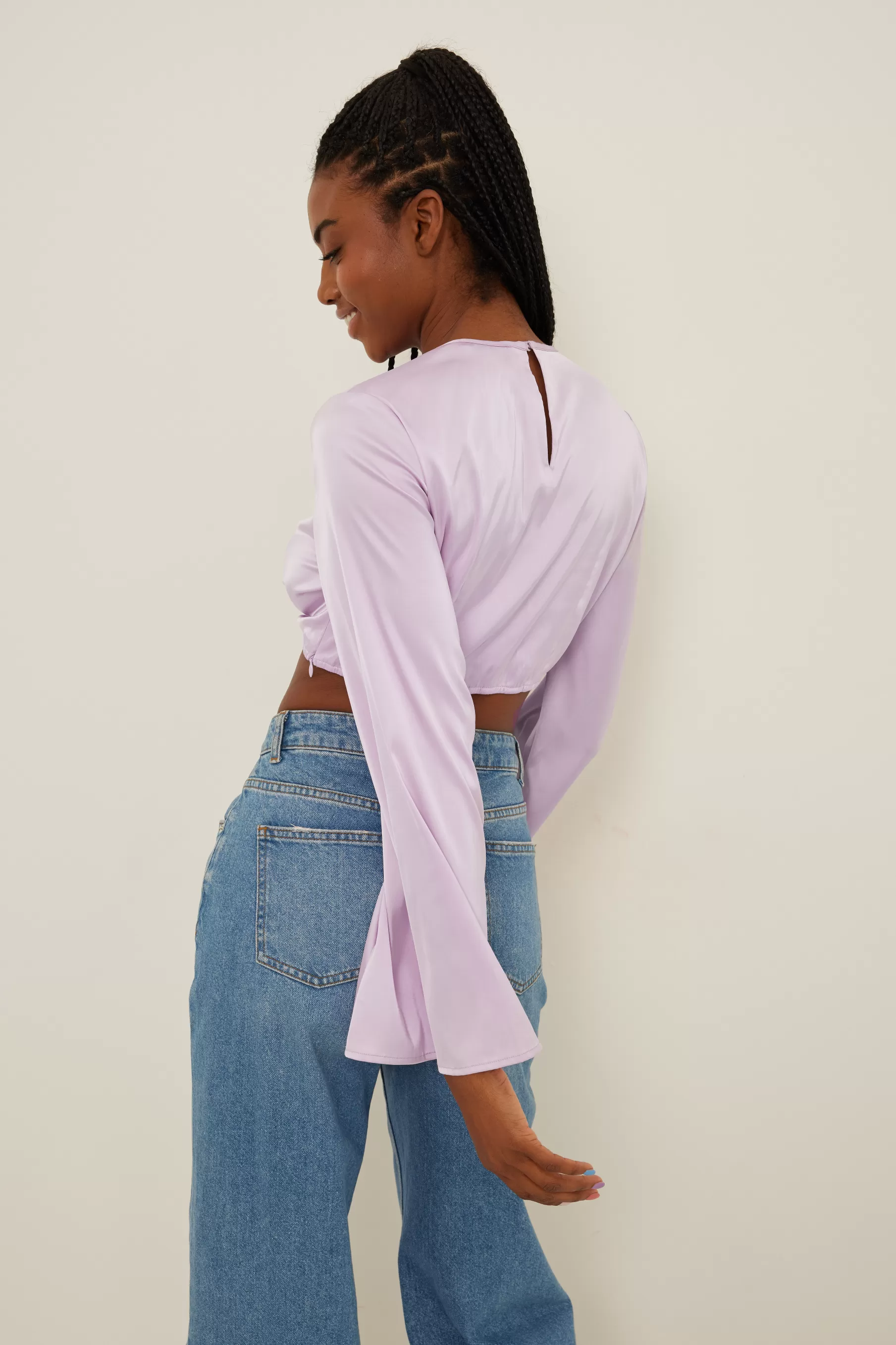 NA-KD Trumpet Sleeve Cropped Blouse Purple