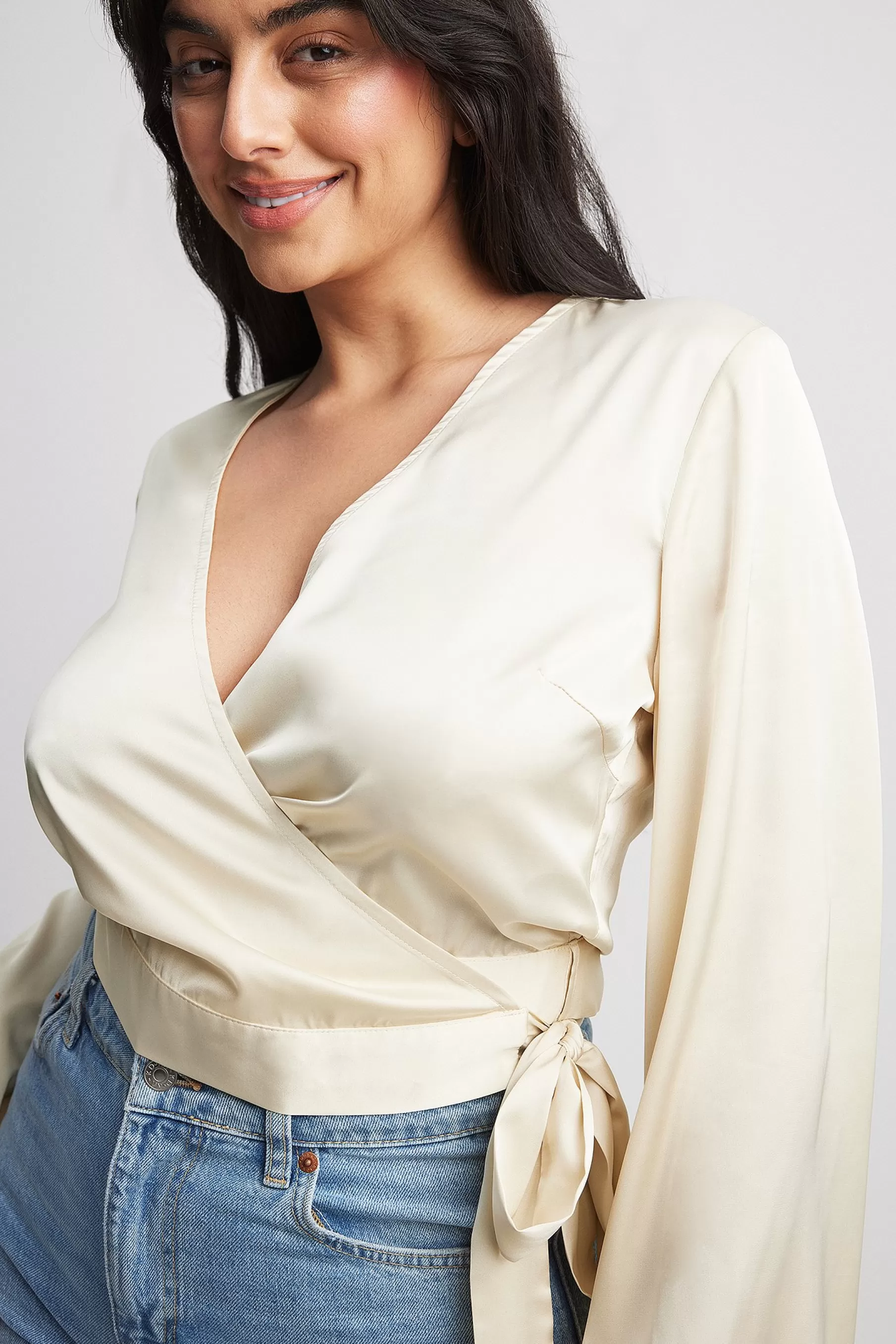 NA-KD Trumpet Sleeve Wrap Front Satin Blouse Beige