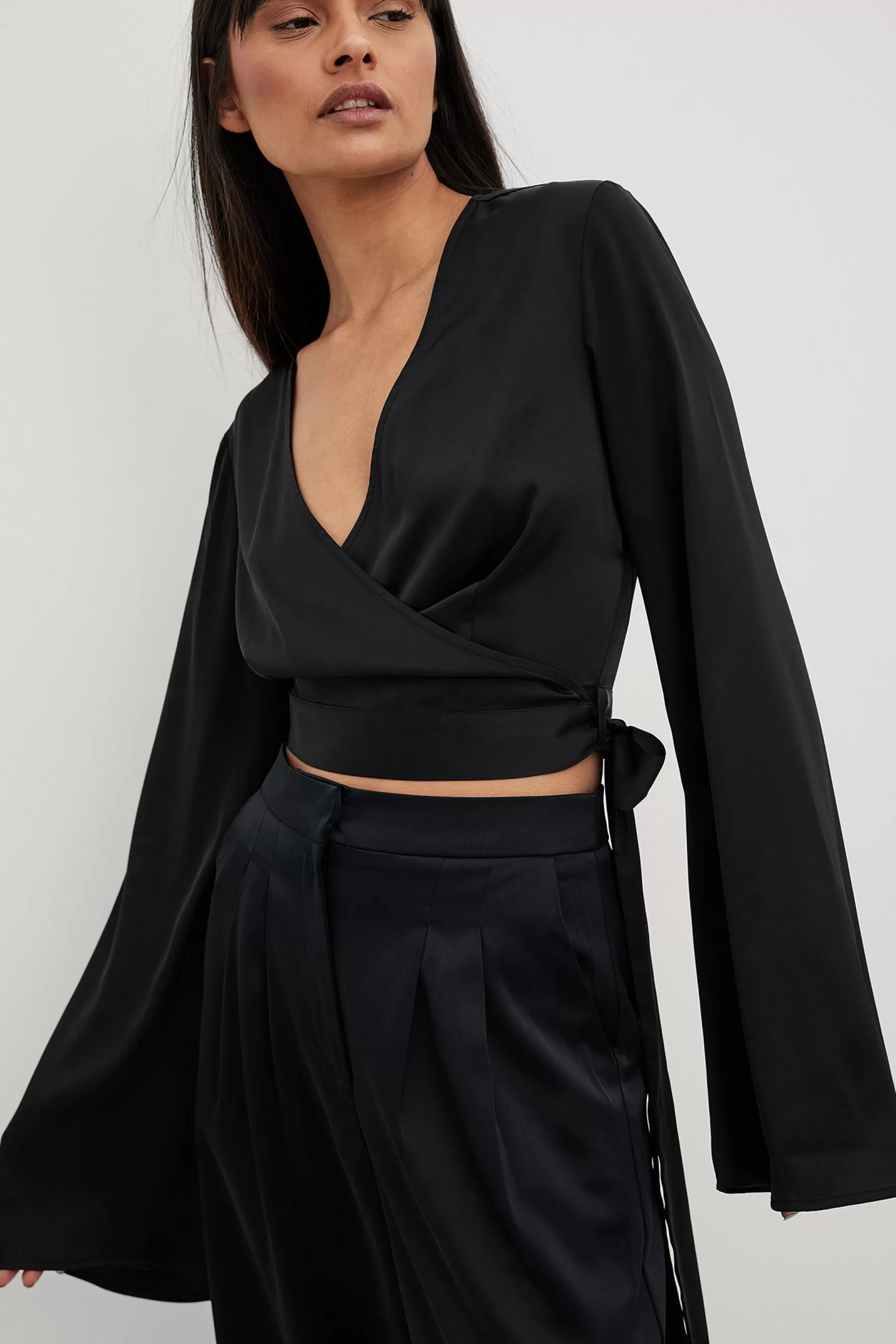 NA-KD Trumpet Sleeve Wrap Front Satin Blouse Black