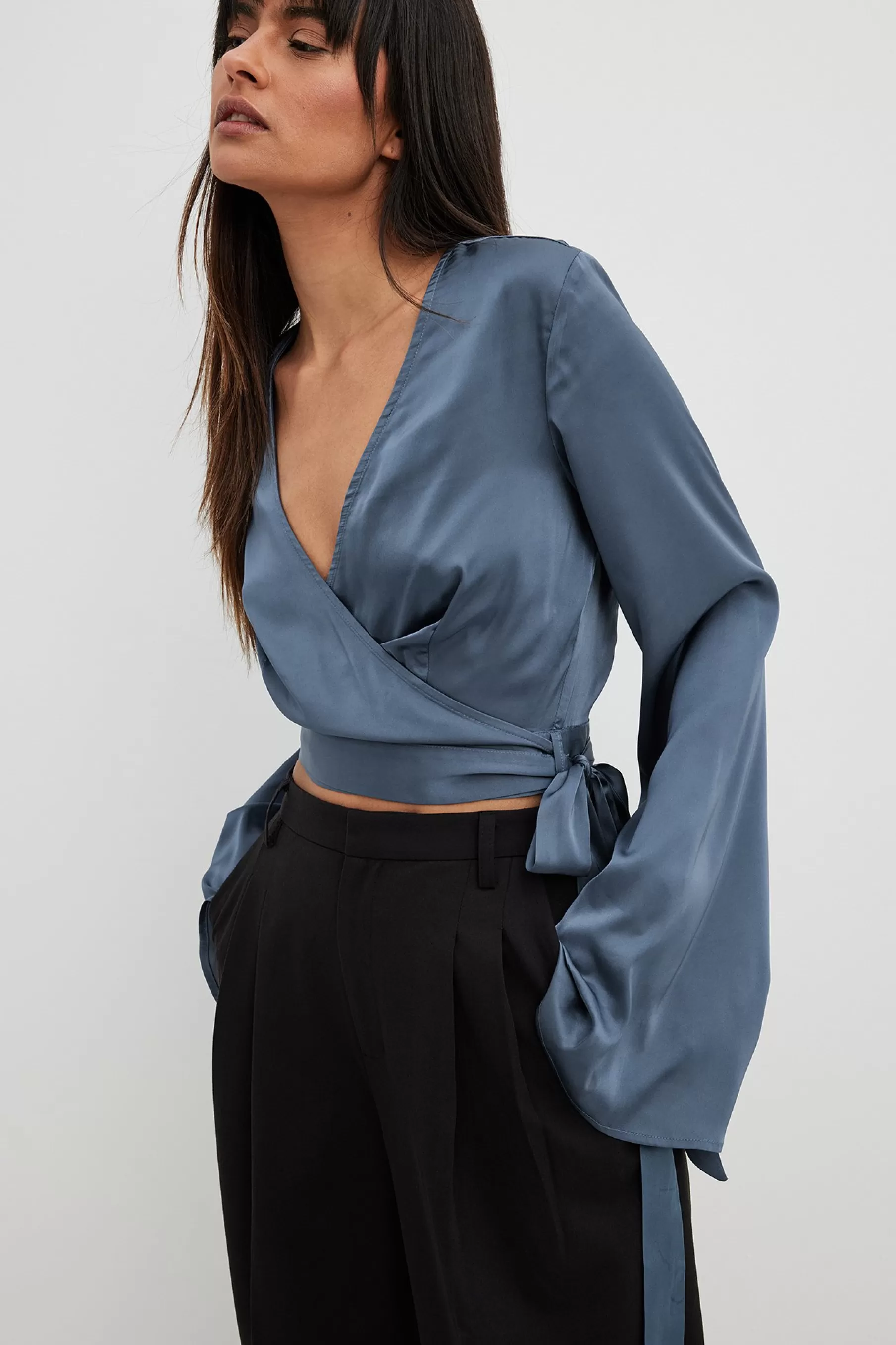 NA-KD Trumpet Sleeve Wrap Front Satin Blouse Blue