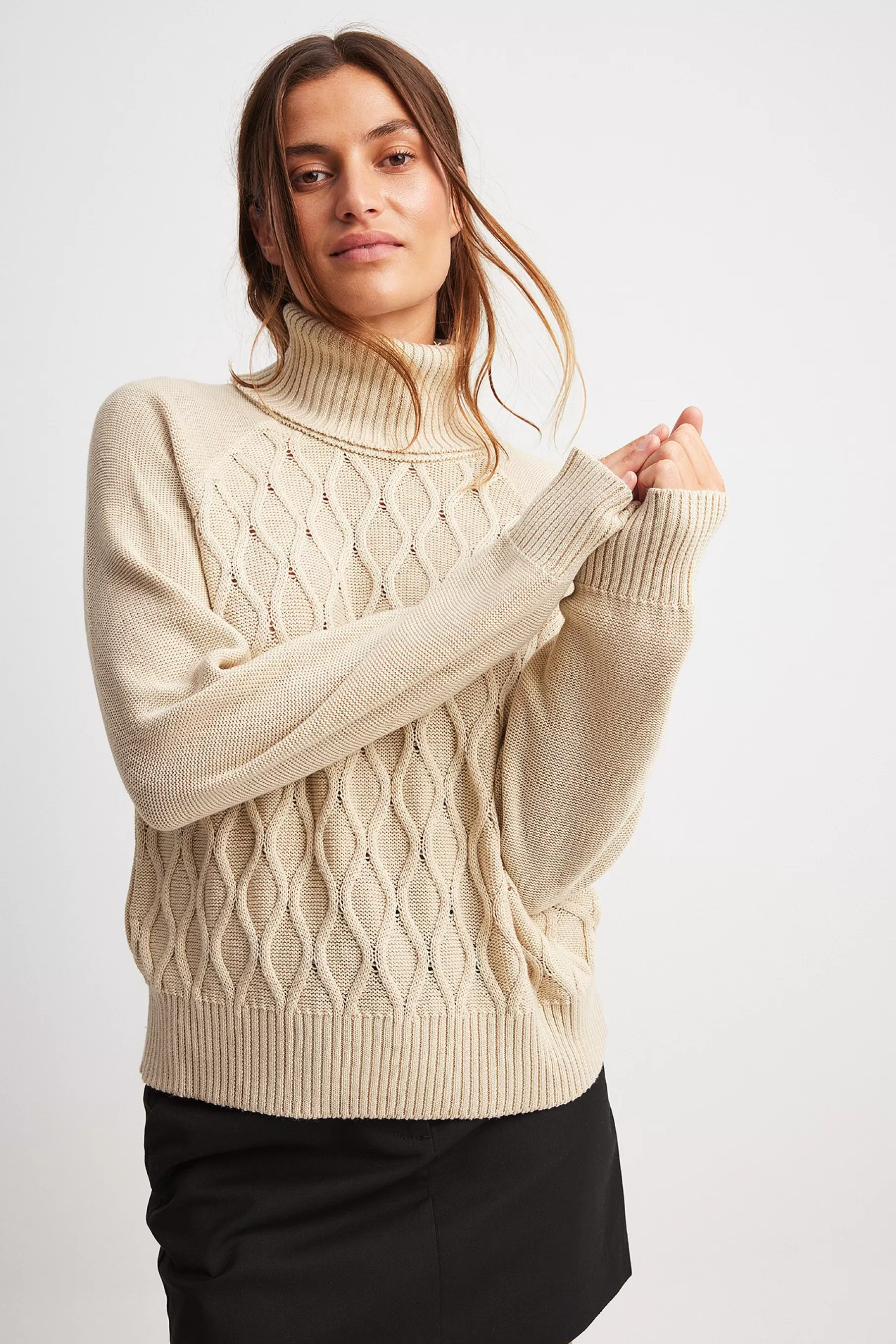 NA-KD Turtle Neck Knitted Cable Sweater Beige