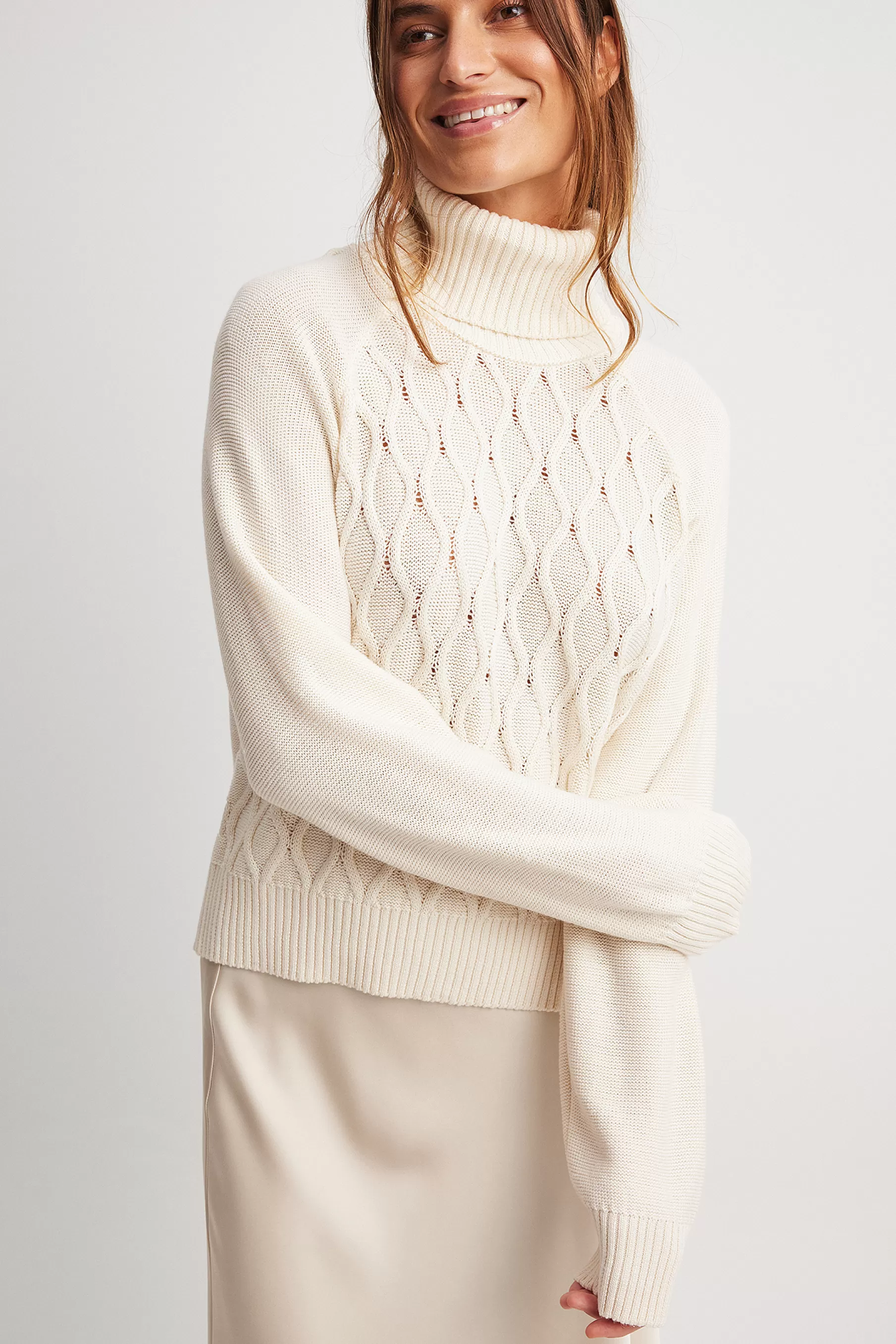 NA-KD Turtle Neck Knitted Cable Sweater Offwhite