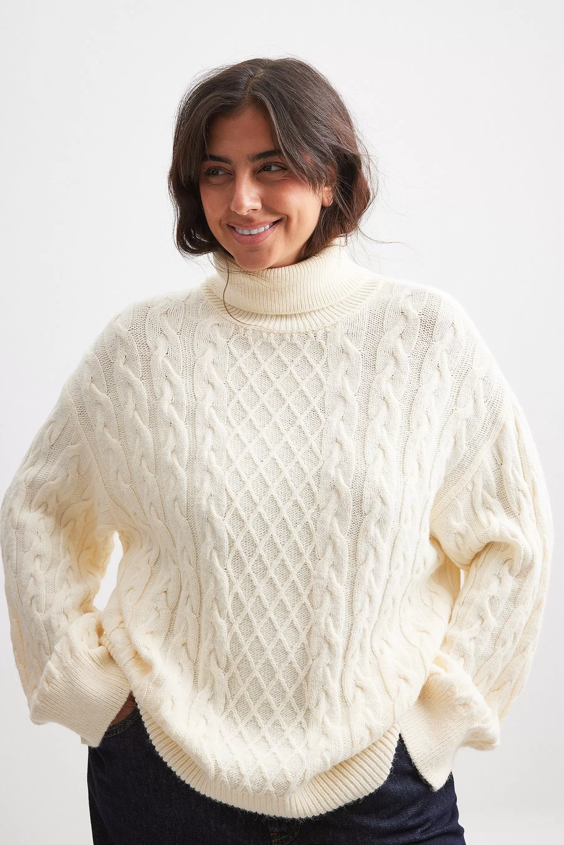 NA-KD Turtle Neck Knitted Cable Sweater Offwhite