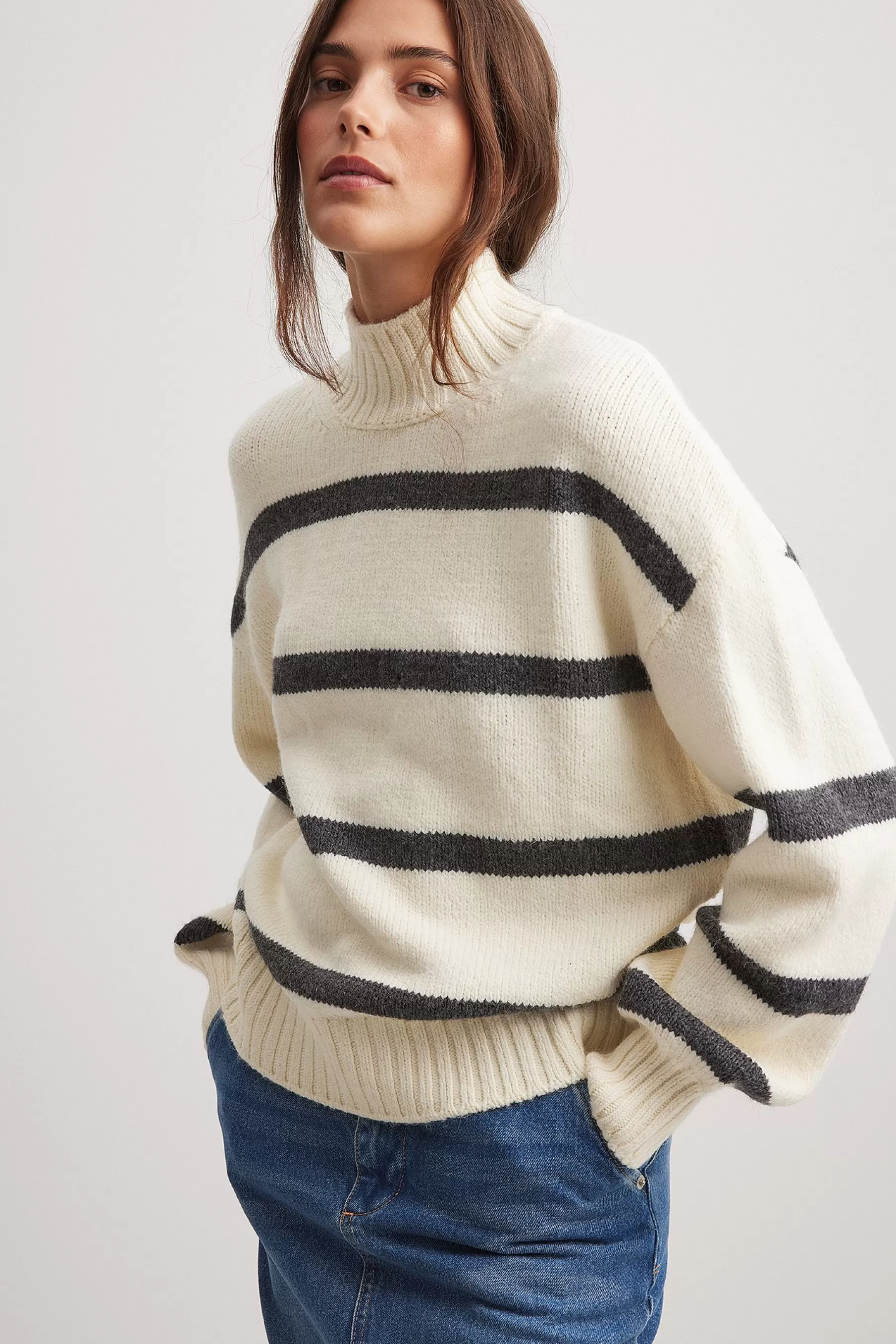 NA-KD Turtle Neck Knitted Striped Sweater Offwhite