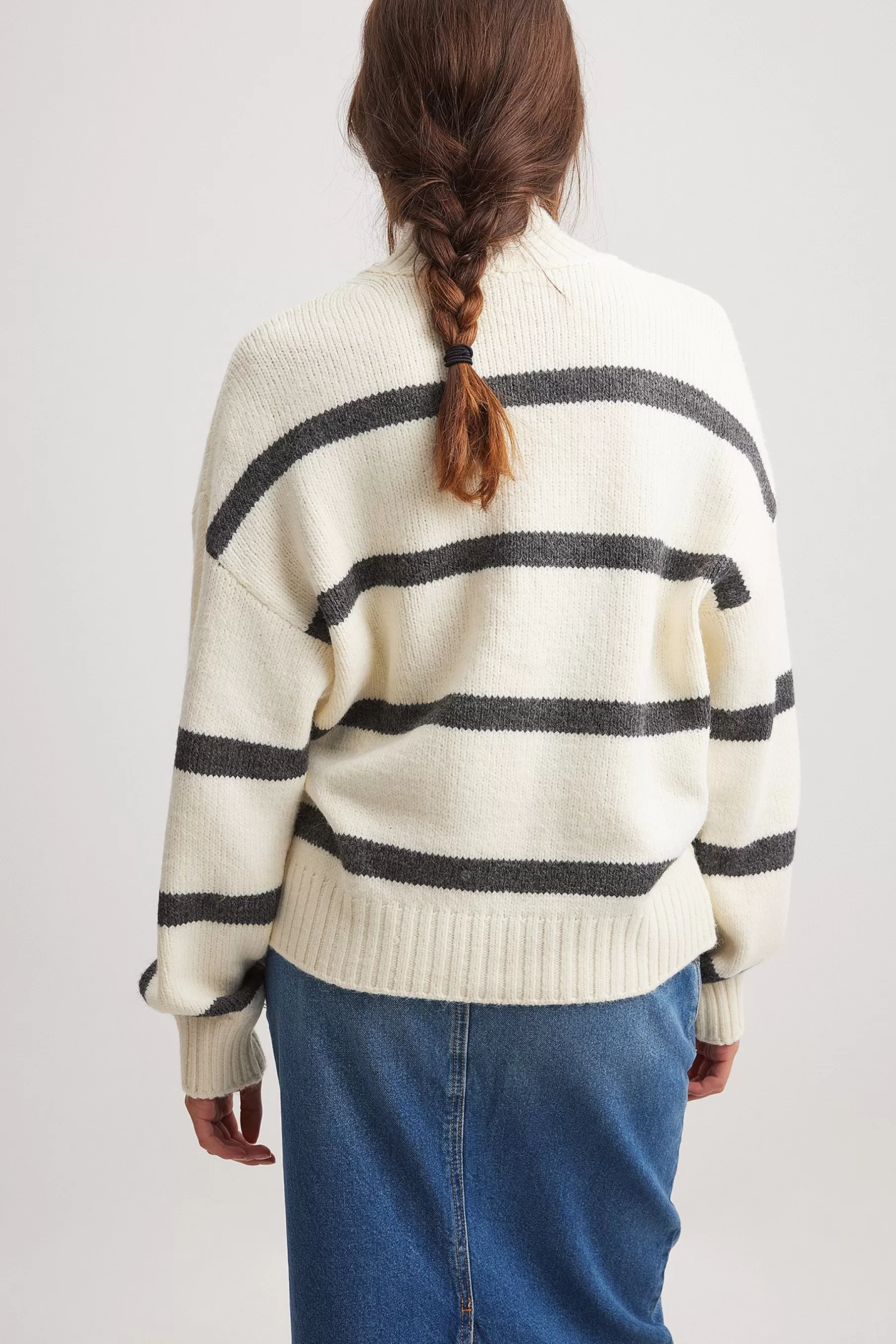 NA-KD Turtle Neck Knitted Striped Sweater Offwhite