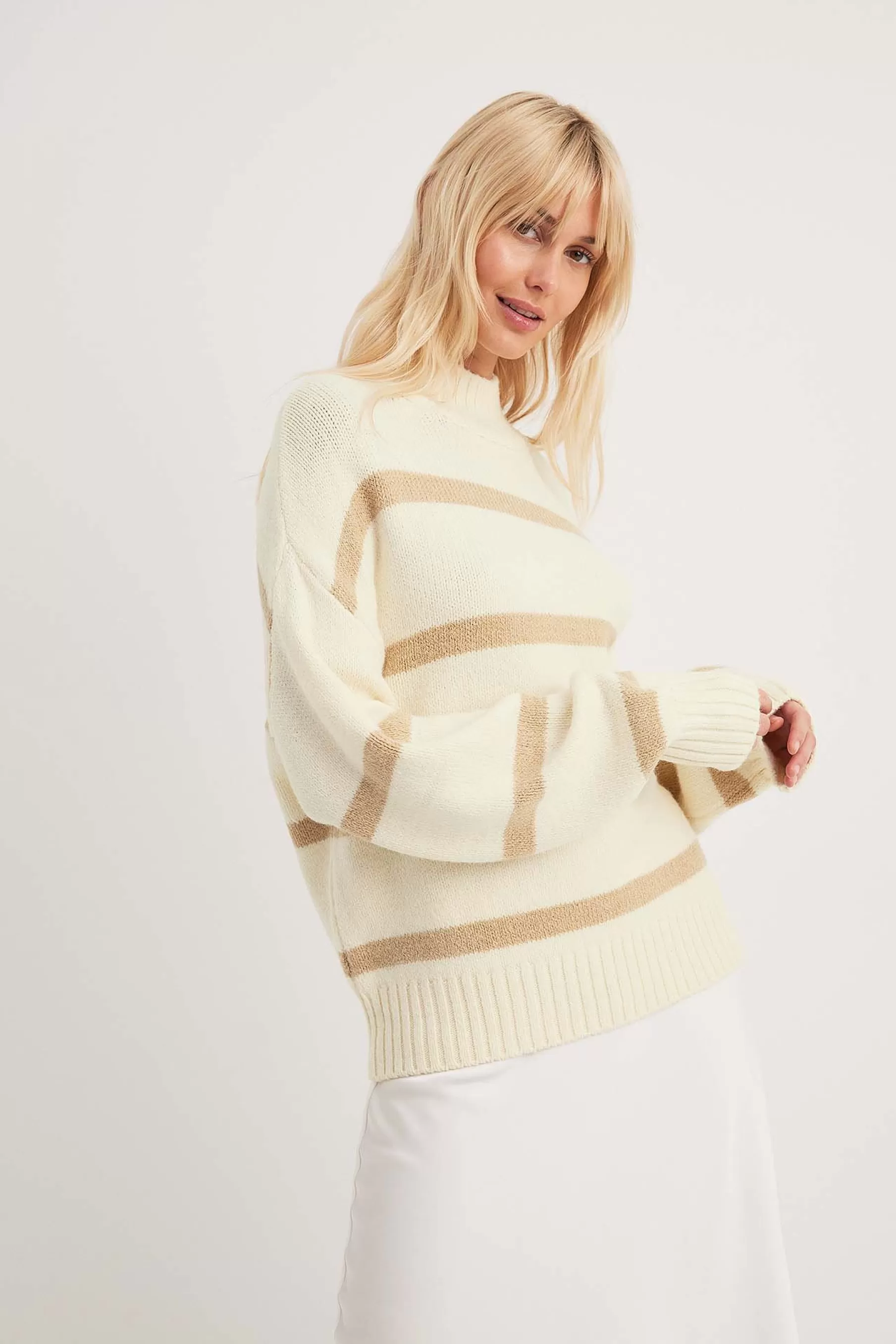 NA-KD Turtle Neck Knitted Striped Sweater White