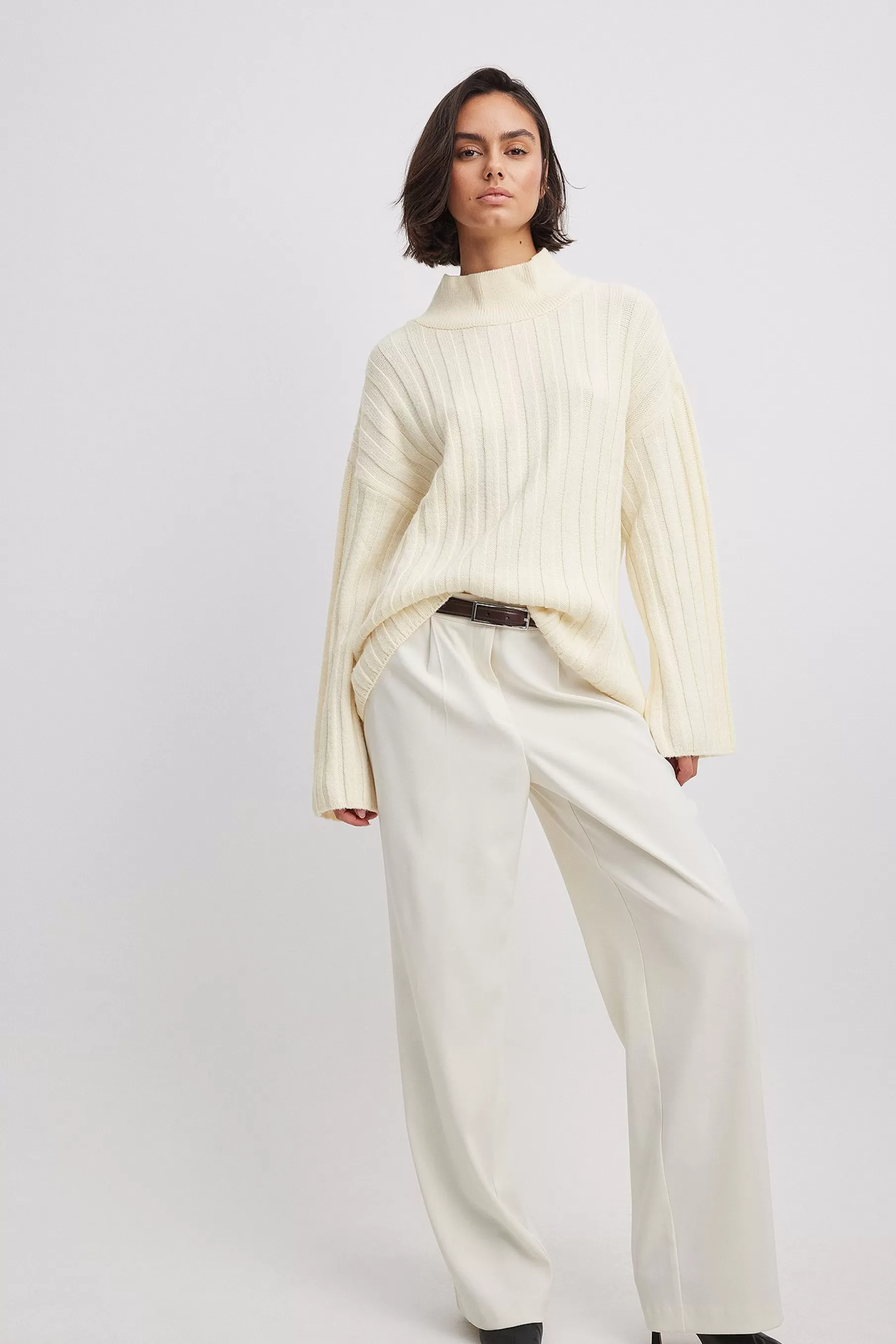 NA-KD Turtle Neck Knitted Wide Rib Sweater Offwhite