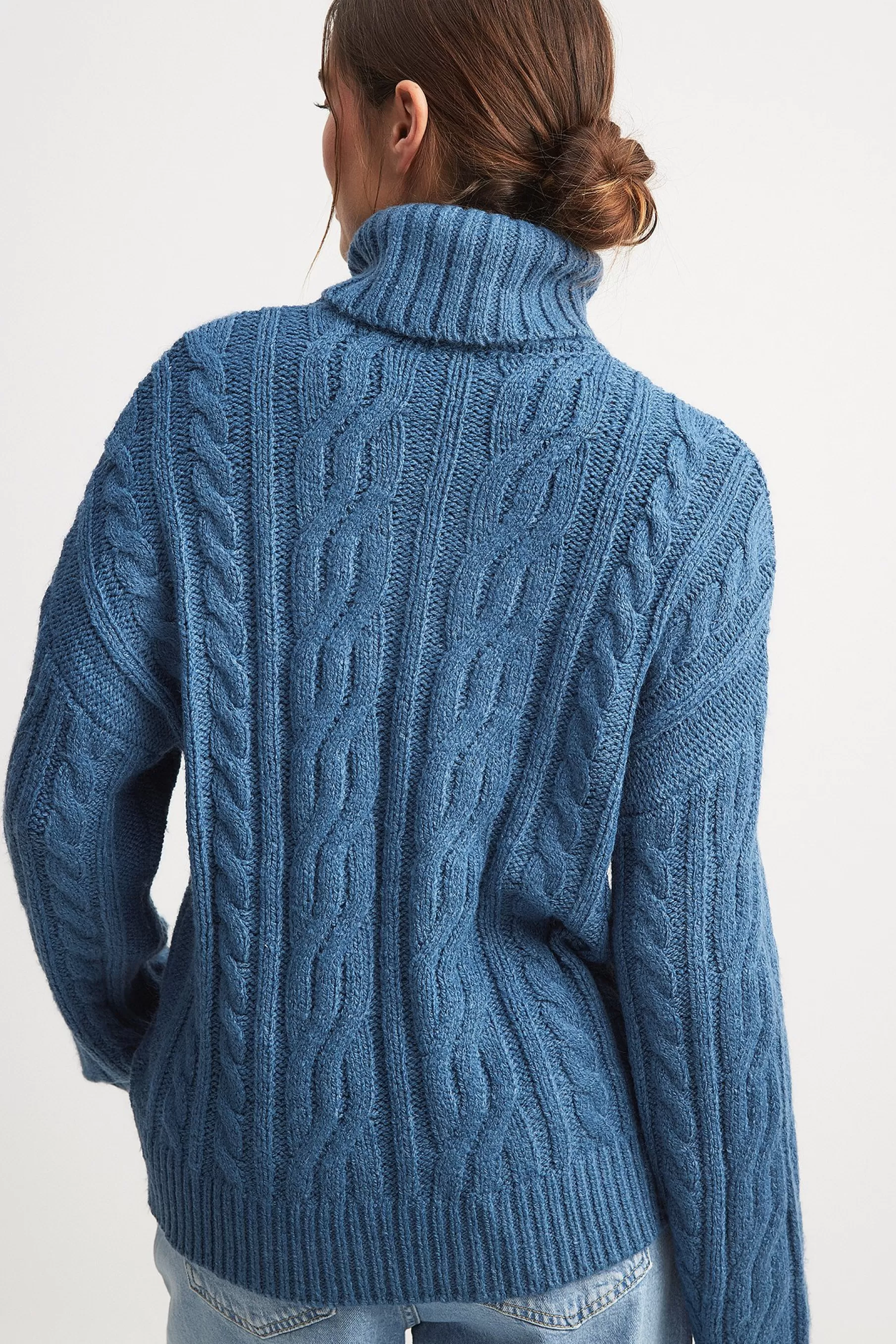 NA-KD Turtleneck Knitted Cable Sweater Blue