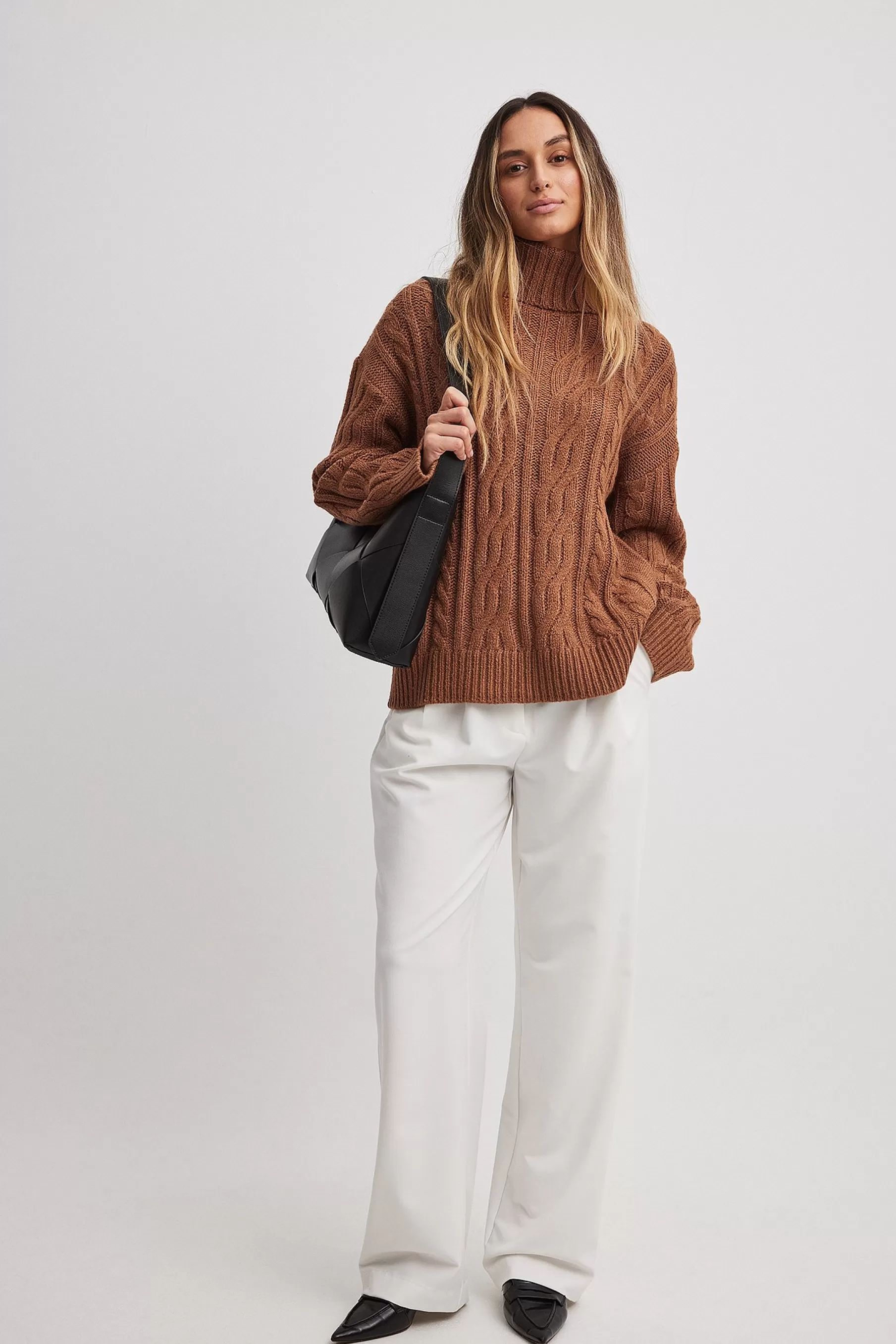 NA-KD Turtleneck Knitted Cable Sweater Brown