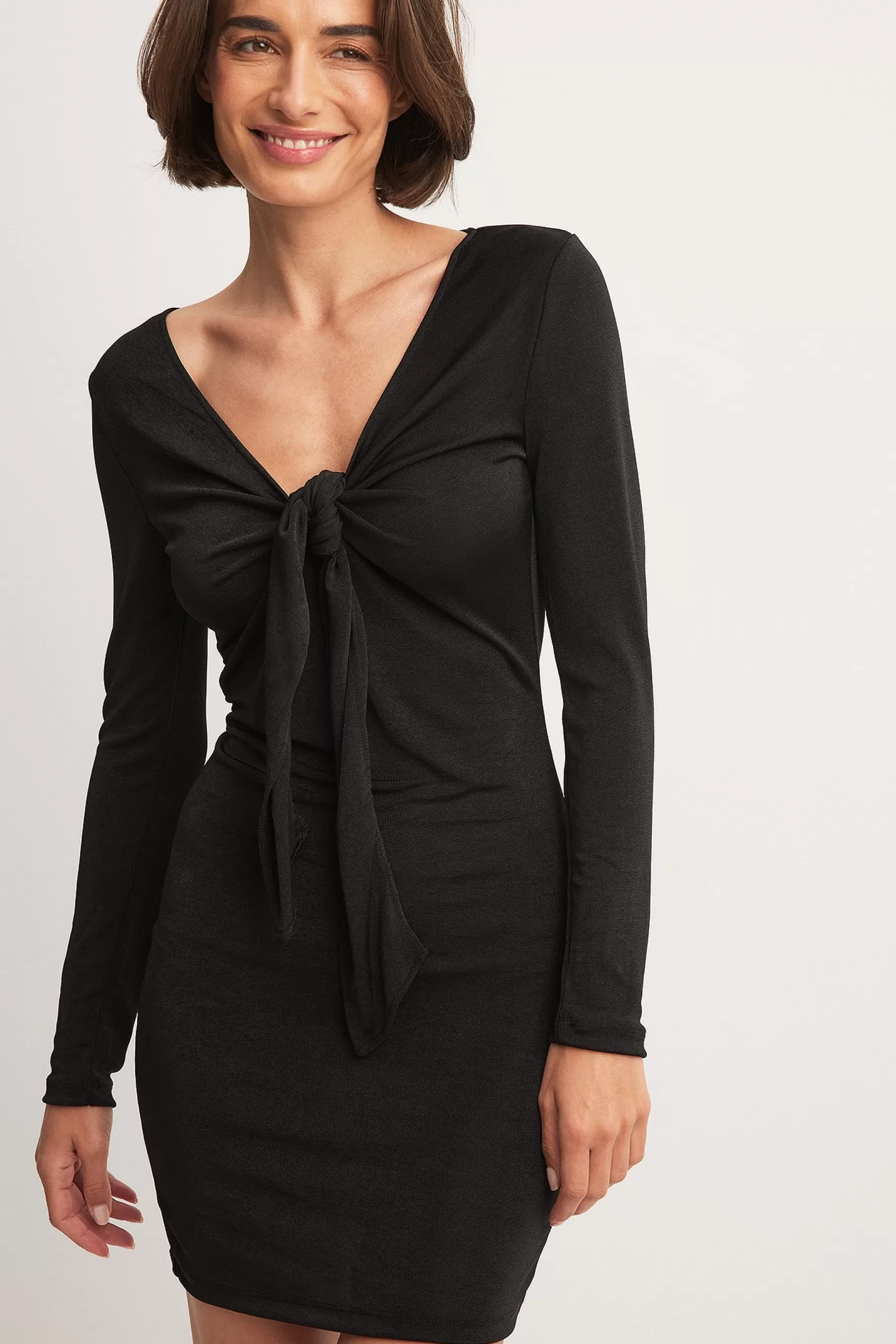 NA-KD Twist Detail Long Sleeve Mini Dress Black